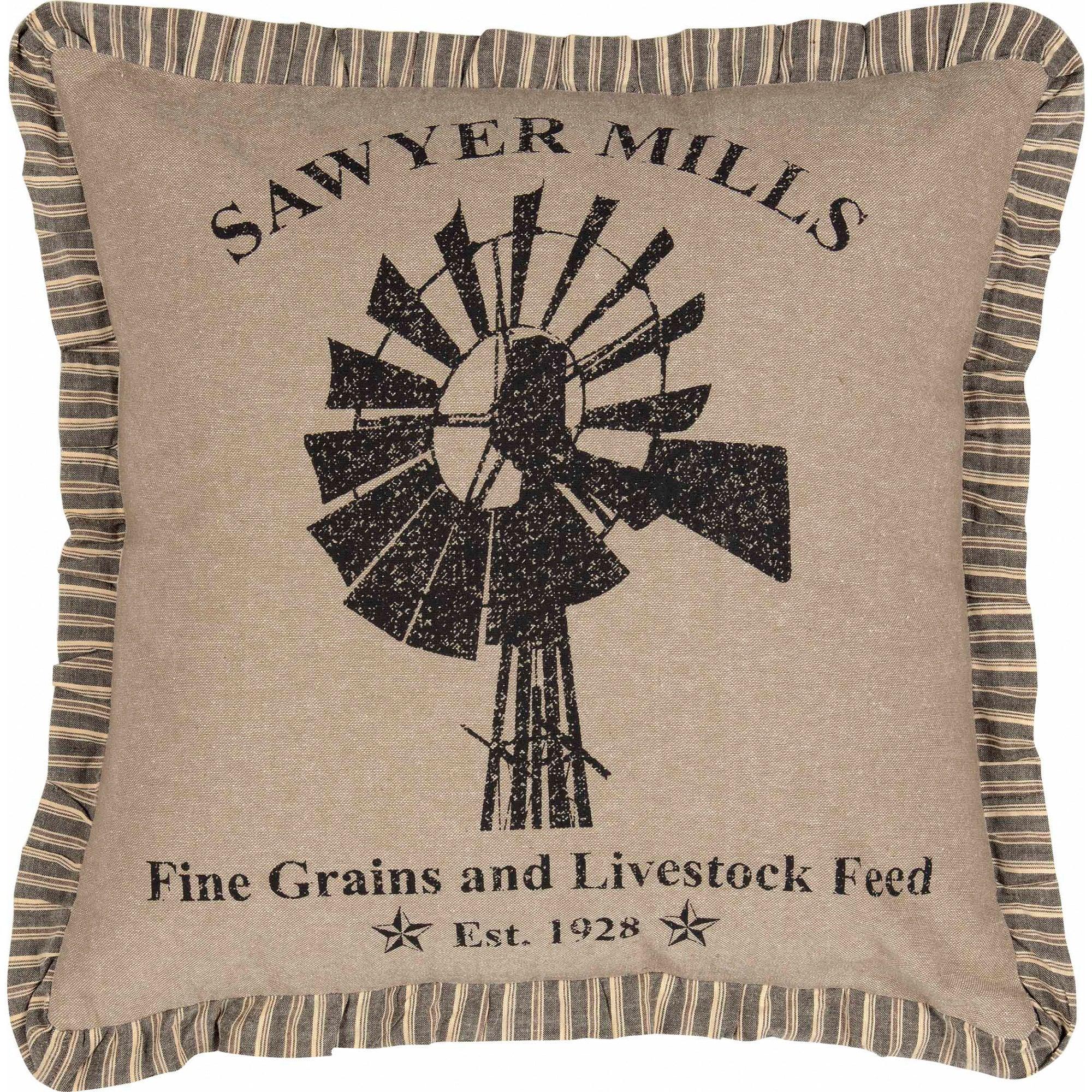 Farmhouse pillow with windmill design, 'Sawyer Mills' text, and striped ruffle edge for cozy cottage decor