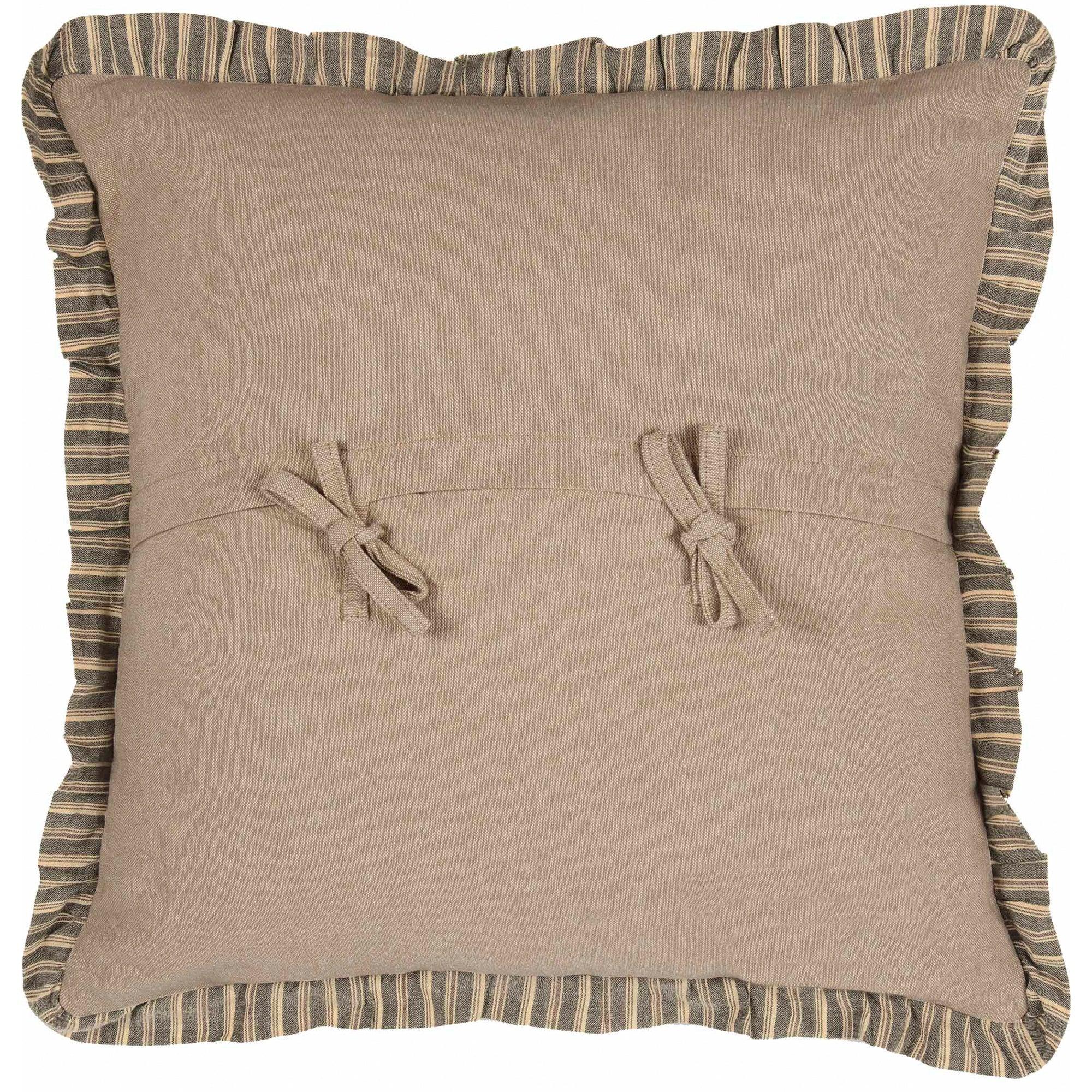 Beige farmhouse throw pillow with striped ruffle trim and decorative bows, cozy cottage style decor