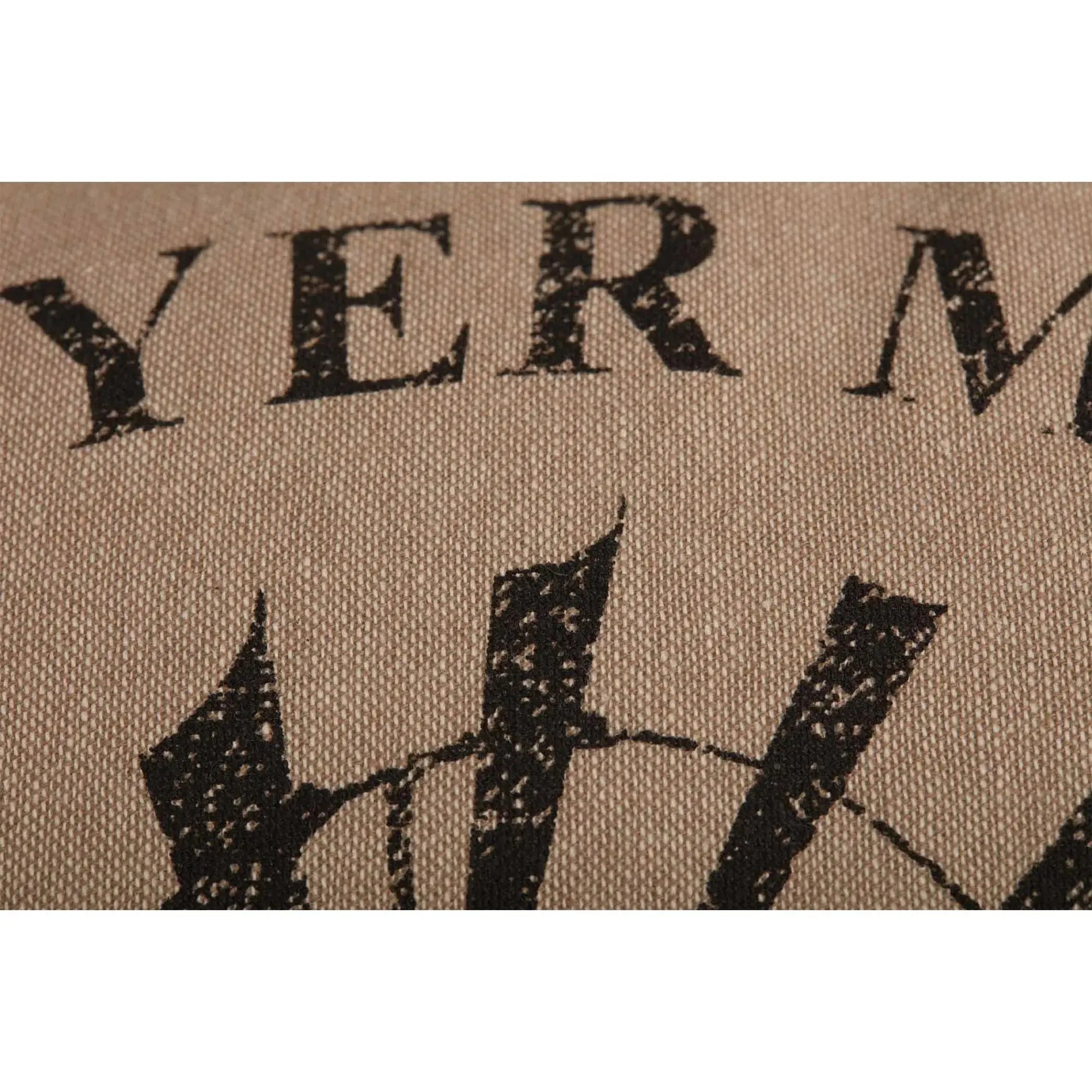 Rustic burlap pillow with vintage 'YER' lettering and farmhouse-style graphic design