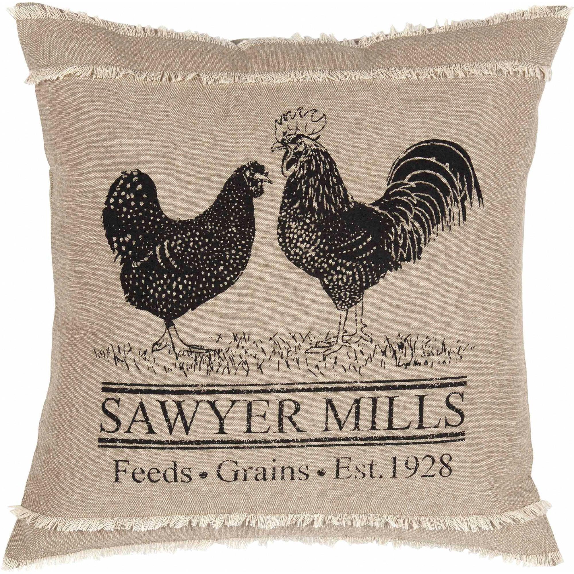 Farmhouse pillow with rooster and hen print, frayed edges, Sawyer Mills text, cozy cottage decor