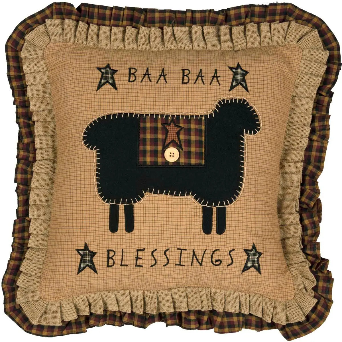 Cozy farmhouse pillow with black sheep, plaid stars, and 'Baa Baa Blessings' text, ruffled edges