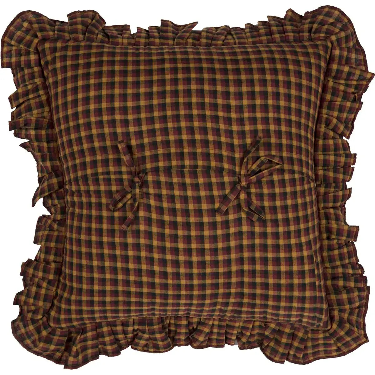 Ruffled plaid throw pillow in burgundy and gold, farmhouse style decor with ribbon ties