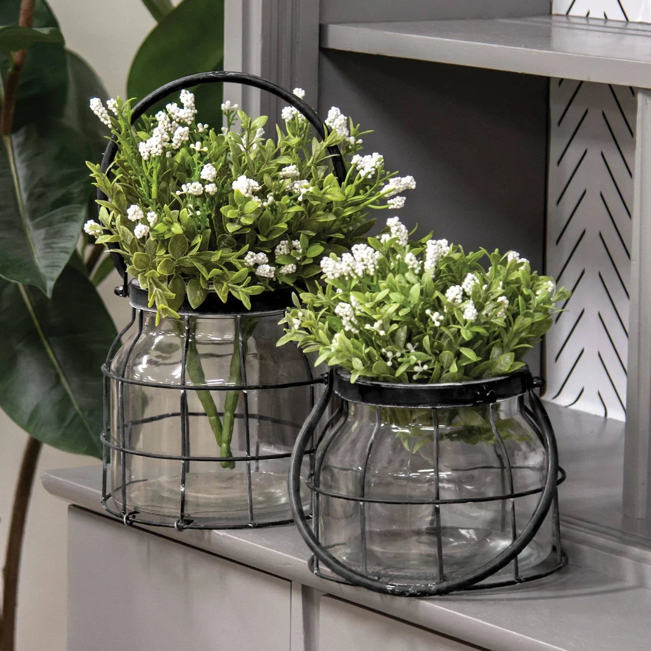 Glass Jar In Black Metal Carrier - 6.75" Dia. x 7"H