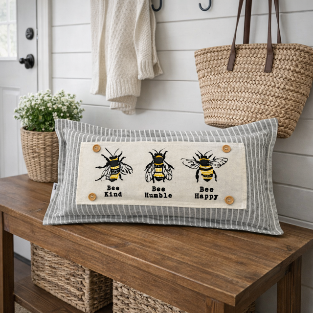 A rectangular decorative throw pillow with a gray and white striped border and a central cream panel showing three embroidered bees with the phrases 'Bee Kind', 'Bee Humble', and 'Bee Happy'. The pillow is styled on a wooden bench in a bright, modern farmhouse interior with a straw tote bag, hanging towels, and a potted plant.