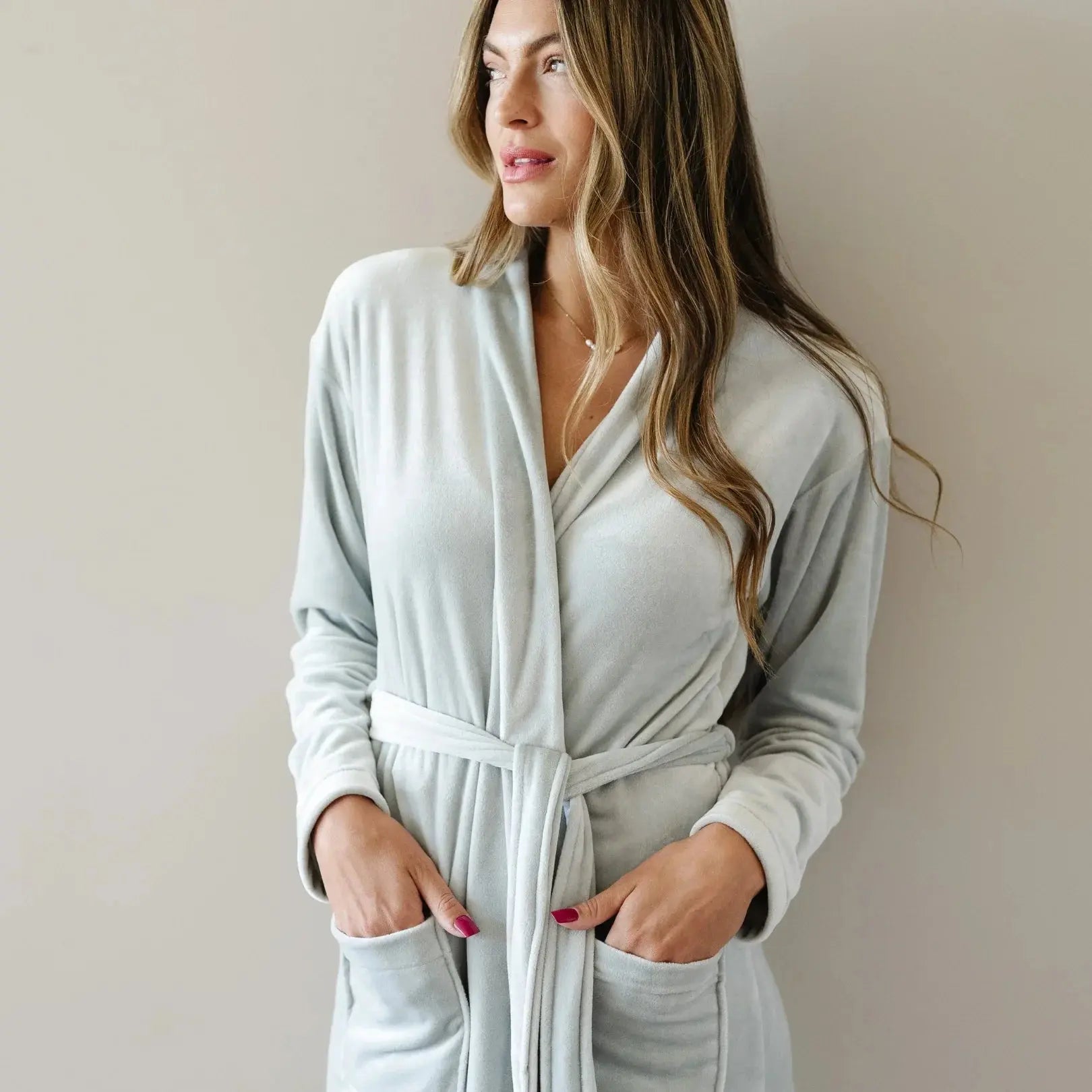 Soft light gray plush robe with belt and pockets, cozy bathrobe for women, farmhouse style home decor