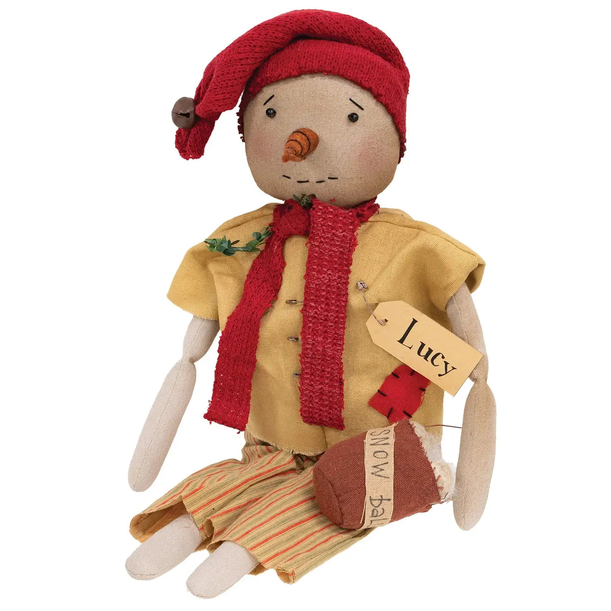 A handmade fabric snowman doll named 'Lucy' with a red knit hat and scarf, yellow shirt, striped pants, and a small brown boot, shown on a white background.