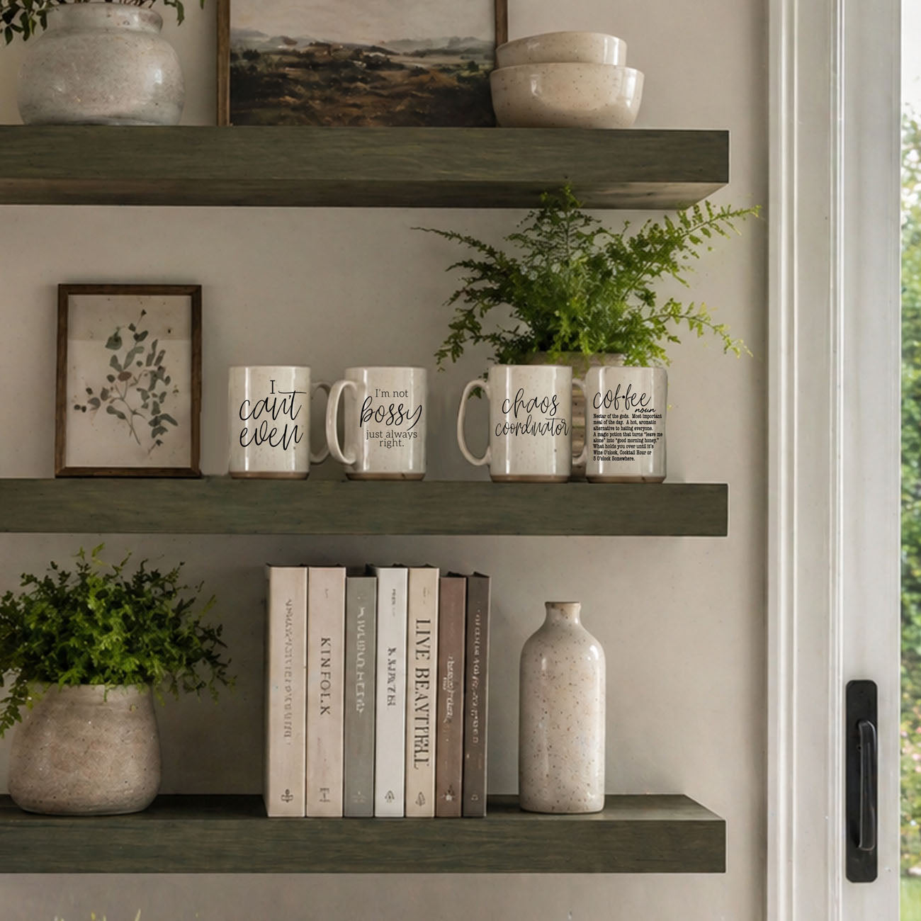 Shelves with decorative items including mugs, books, and vases in a home setting.