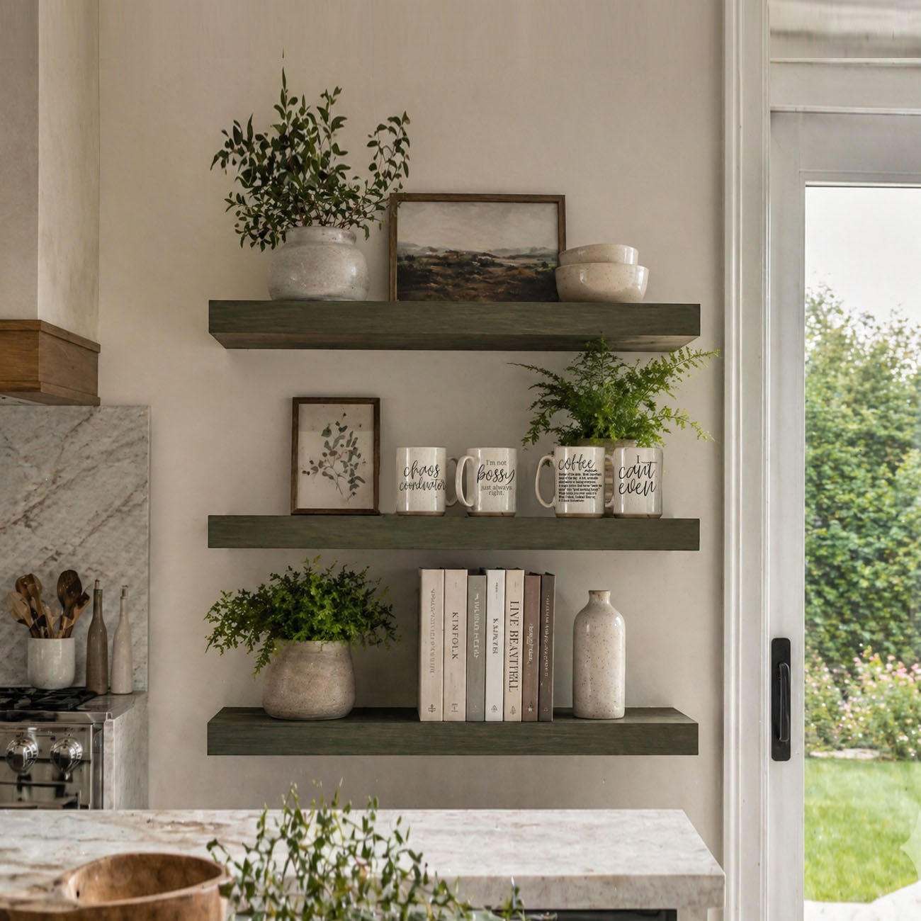 Decorative shelves with plants, books, and mugs in a kitchen setting