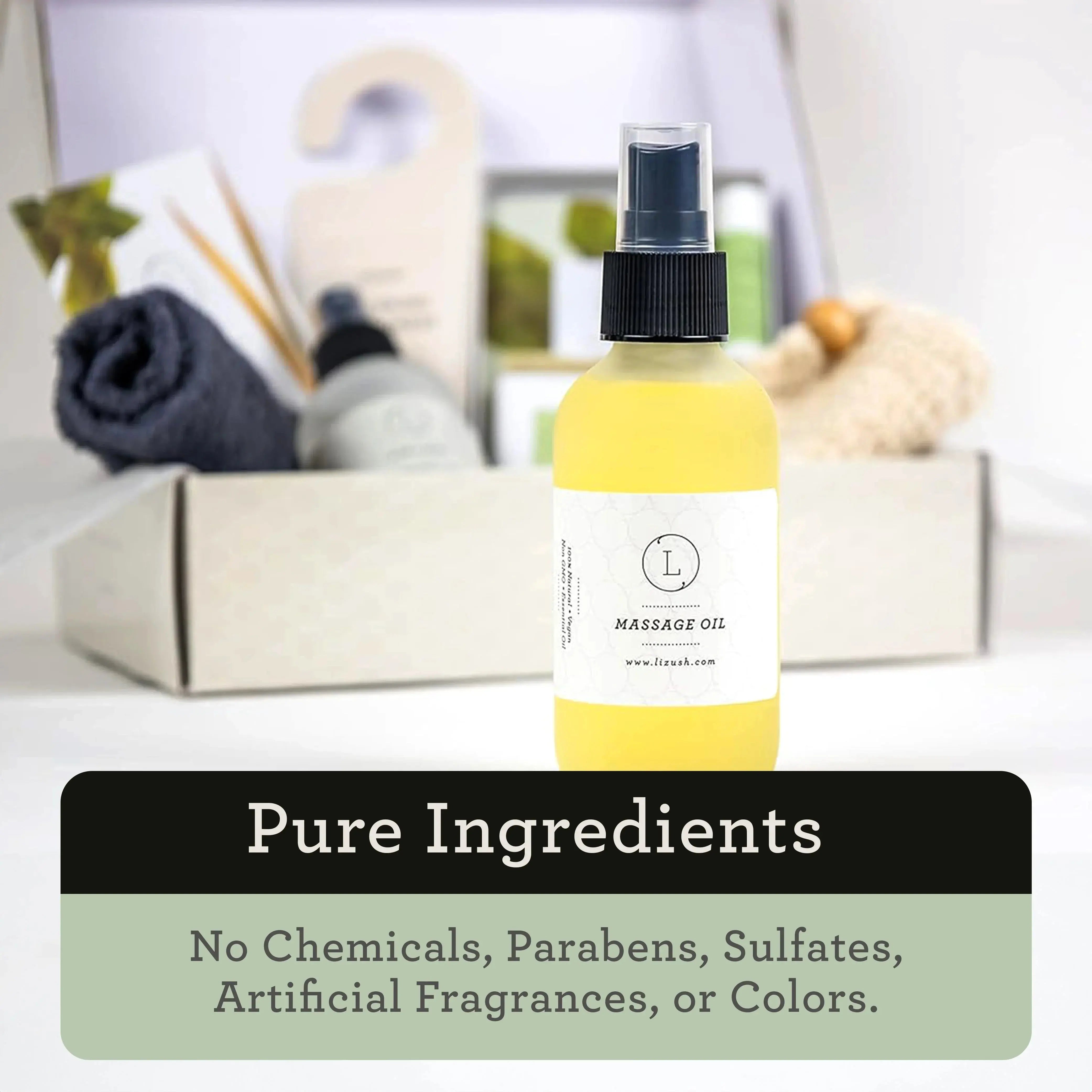 Yellow massage oil bottle with pure ingredients, cozy bath essentials, and natural home spa gifts