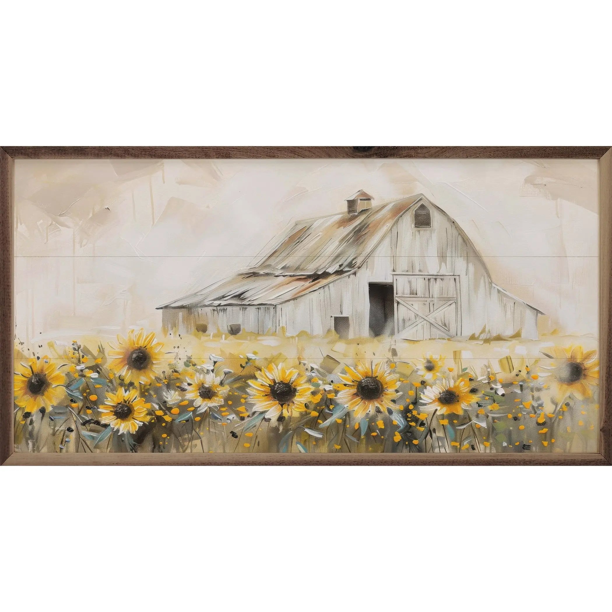 Painting of a barn with sunflowers in the foreground