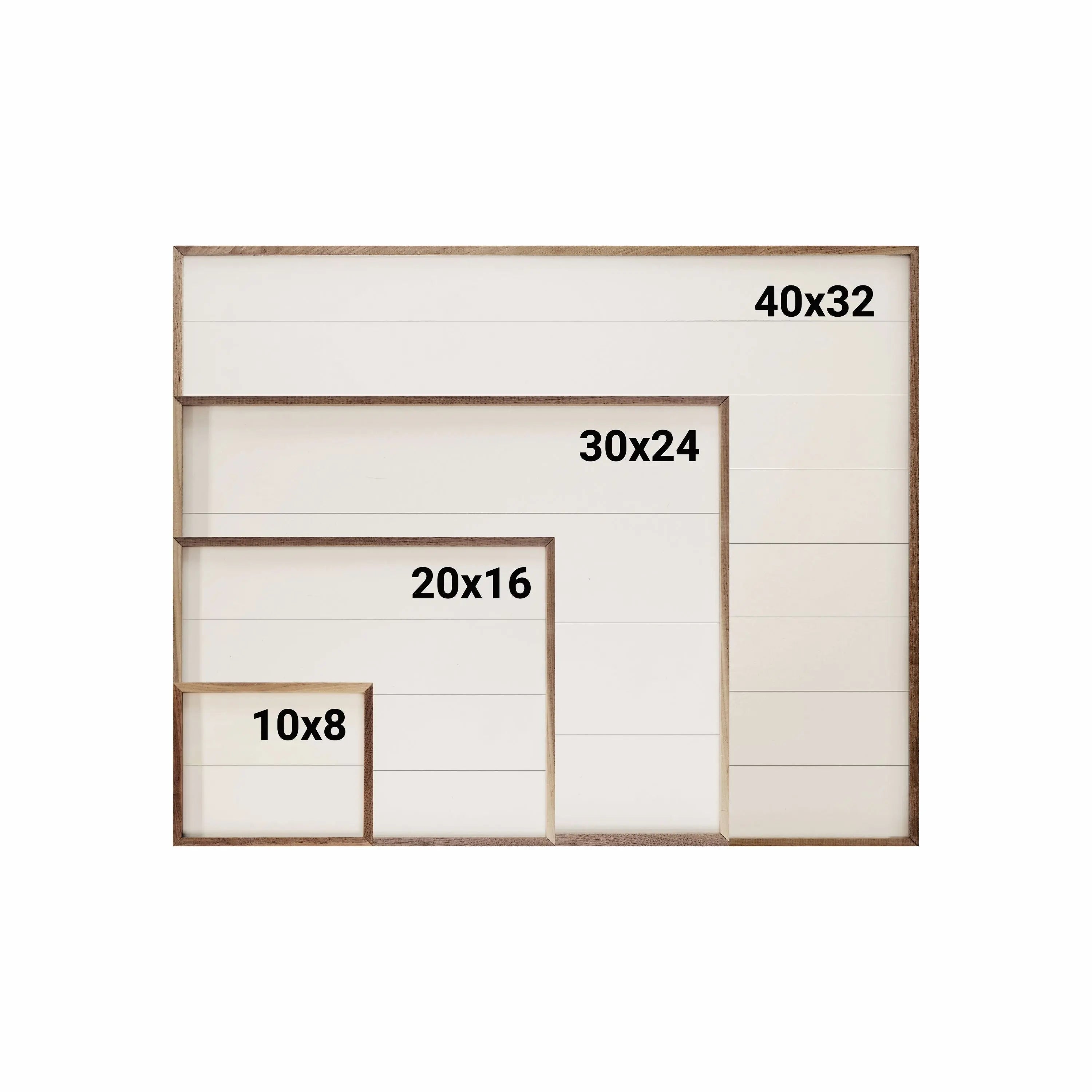 Set of wooden frames with dimensions labeled on a white background