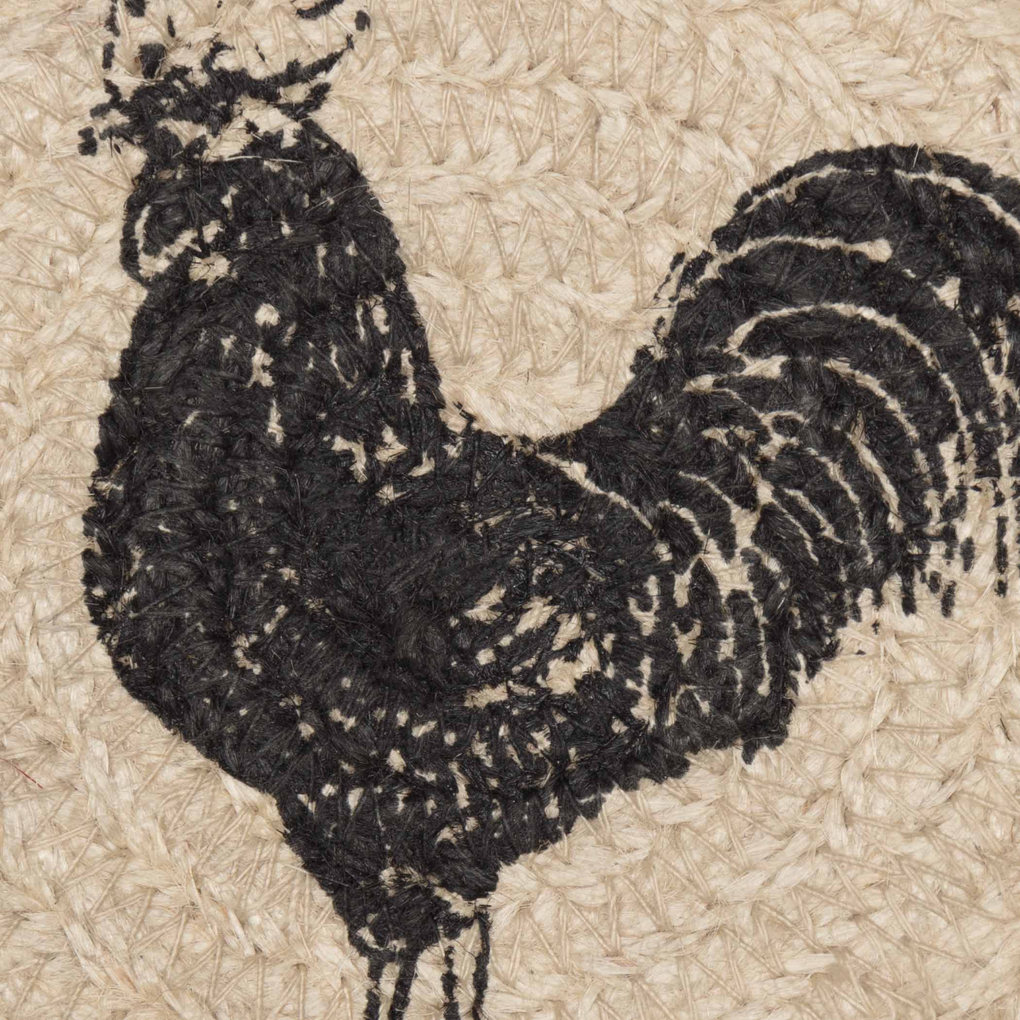 Black rooster design on a jute coaster