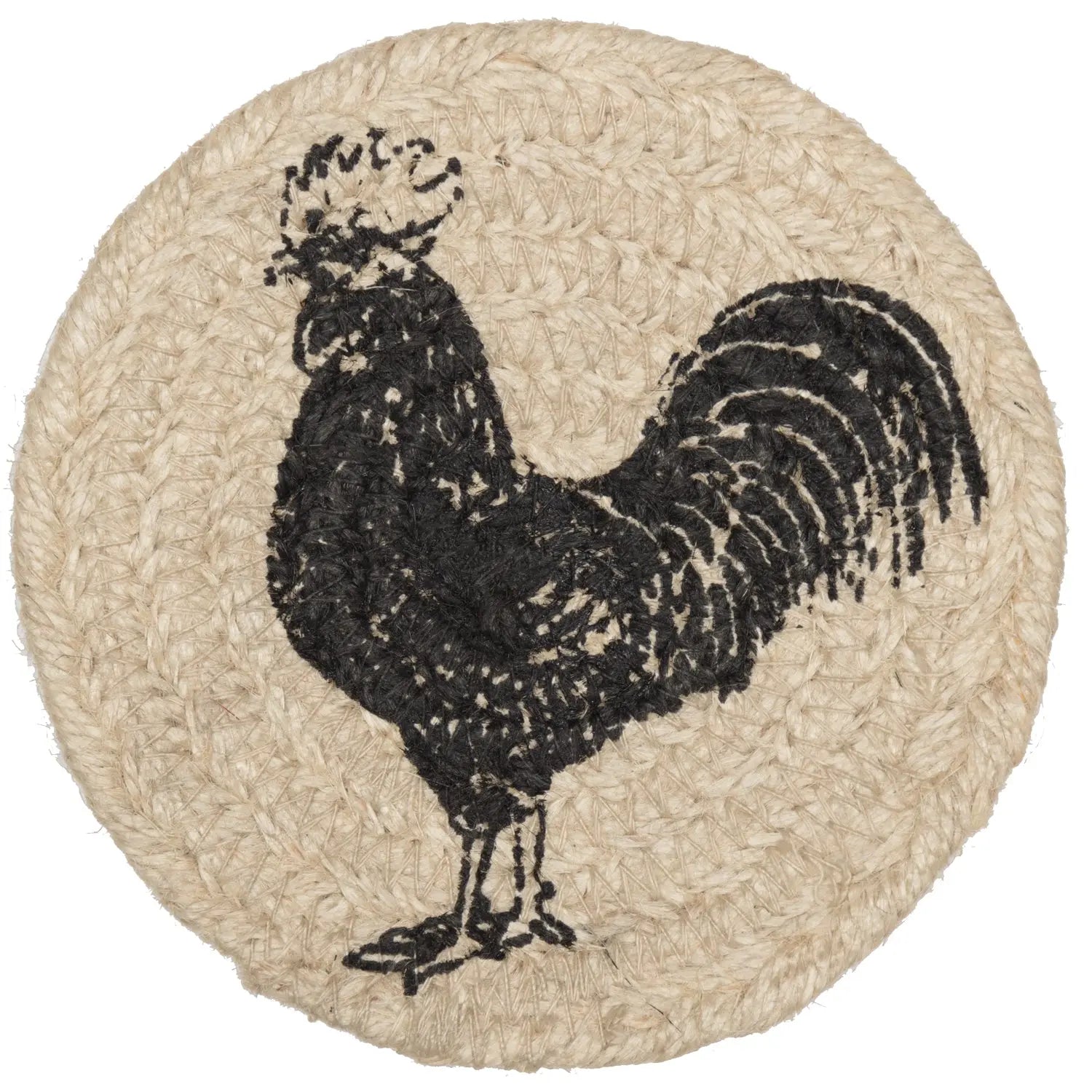 Round woven coaster with a black rooster design on a beige jute background