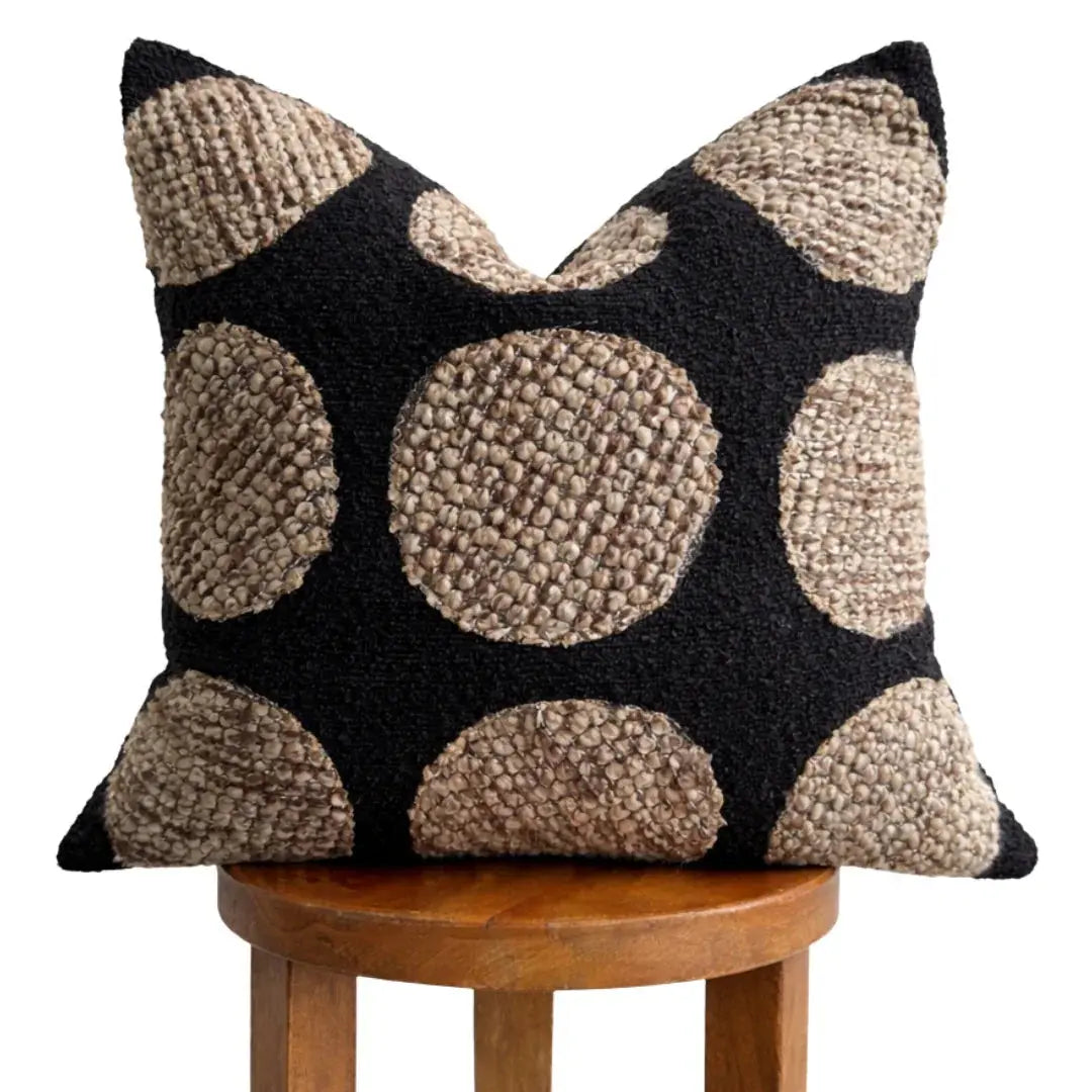 Black and beige textured polka dot throw pillow for cozy farmhouse decor