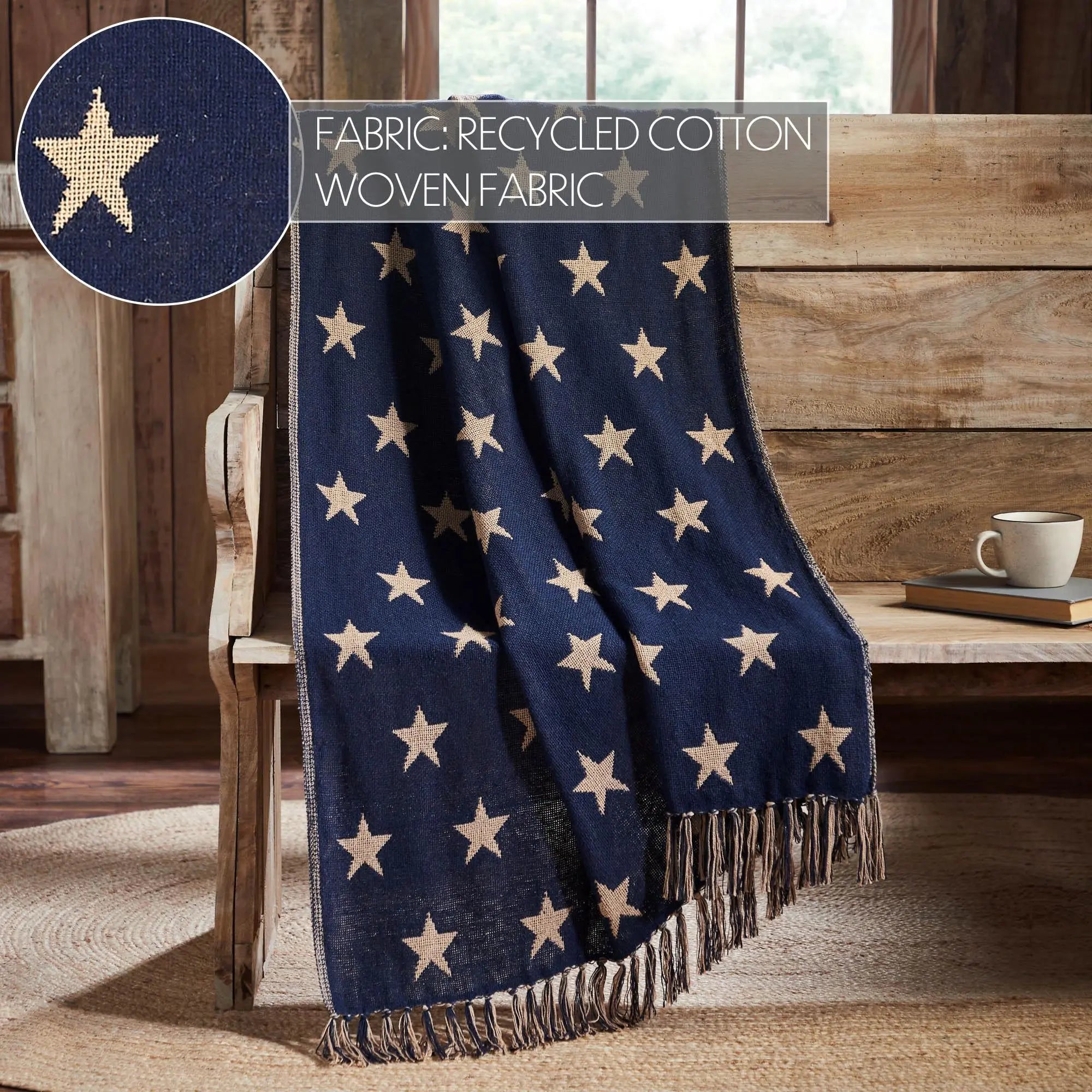 Navy blue blanket with beige stars draped over a wooden chair in a rustic setting.