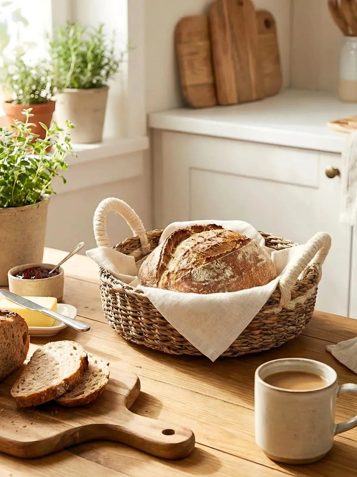 Cozy farmhouse kitchen scene with fresh bread in wicker basket, wooden cutting board, and coffee mug