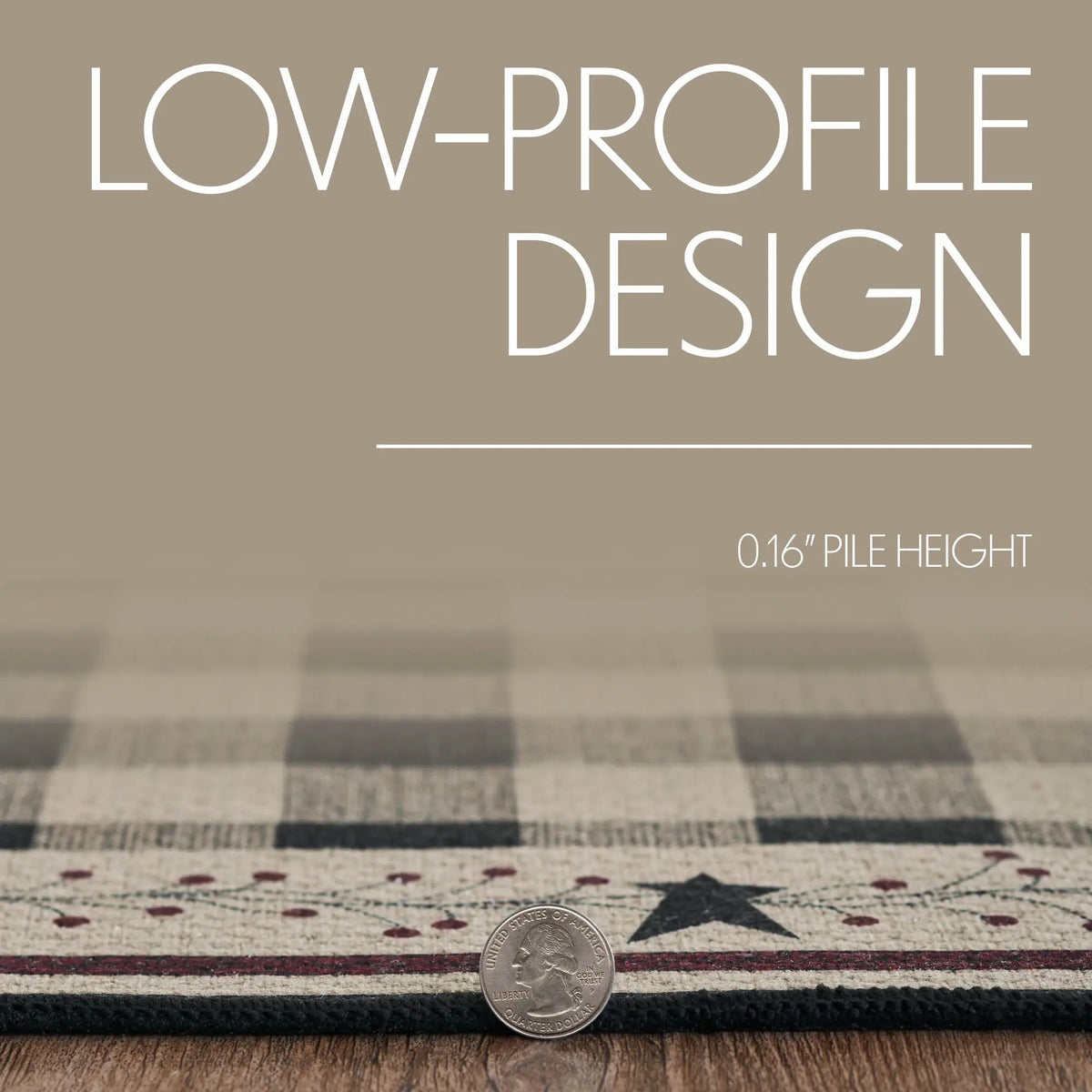 A close-up of a low-profile area rug with a buffalo check pattern and a star motif, shown resting on a wooden surface with a coin for scale. Text overlays read 'LOW-PROFILE DESIGN' and '0.