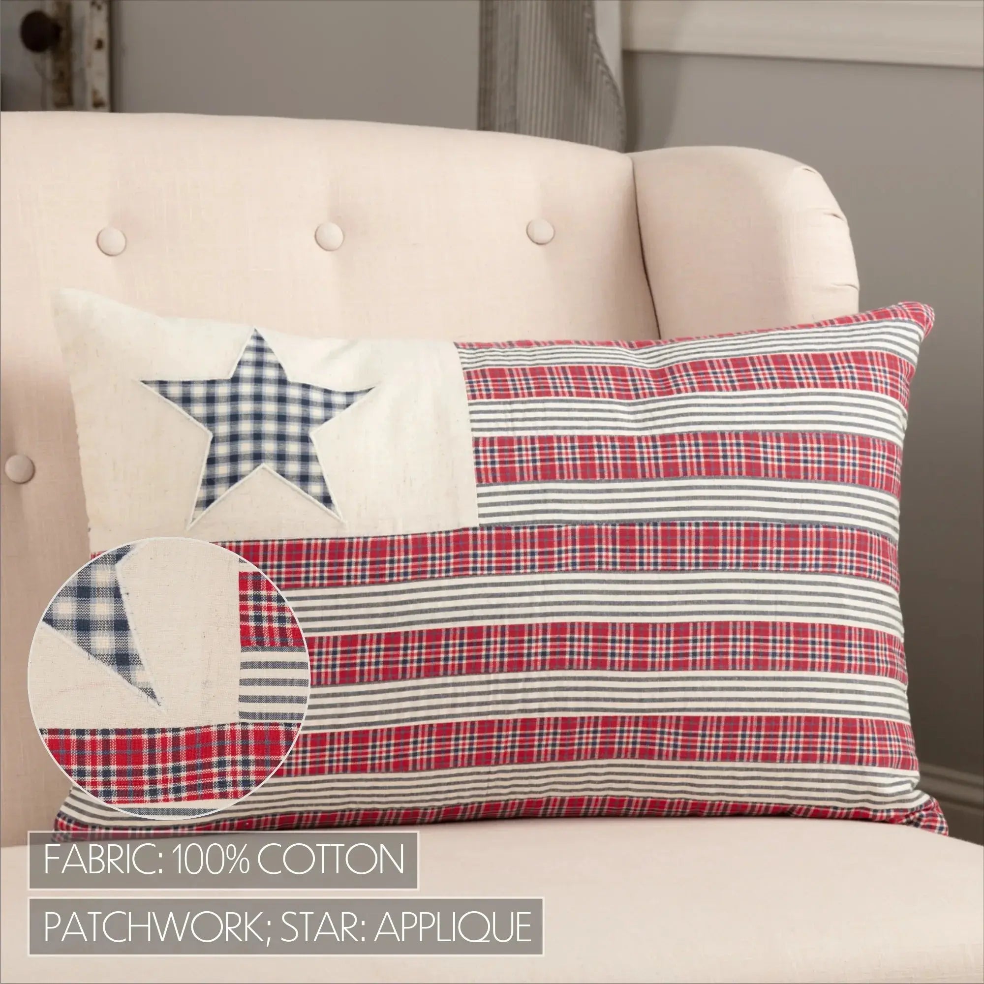 Red, white, and blue patchwork pillow with applique star, 100% cotton, farmhouse decor