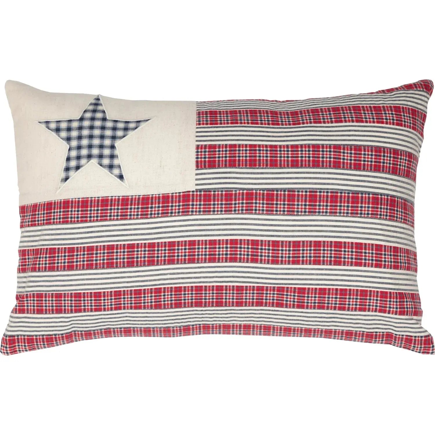 Patriotic farmhouse pillow with star and plaid stripes, cozy cottage decor accent