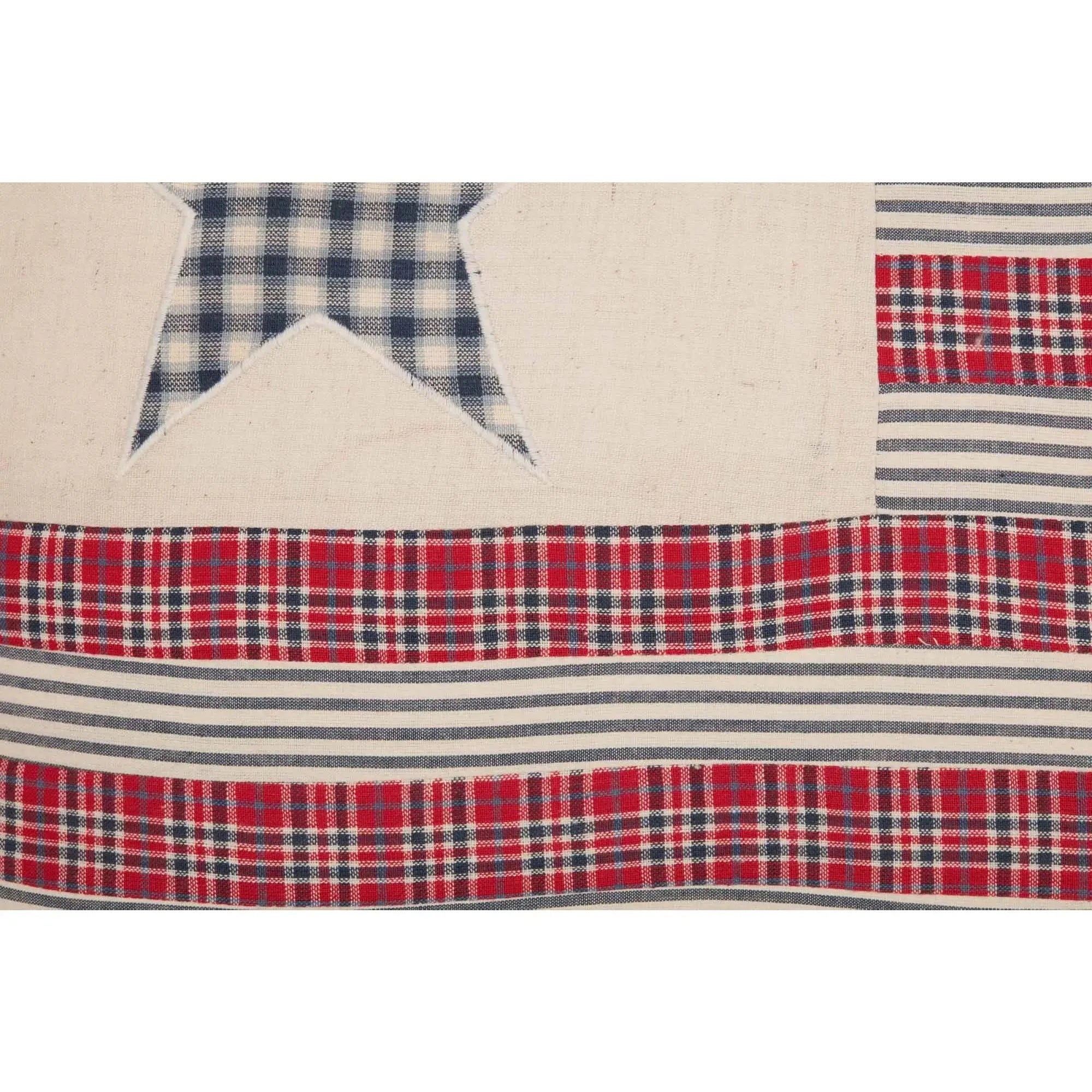 Red, white, and blue plaid and striped farmhouse flag with star detail for cozy home decor