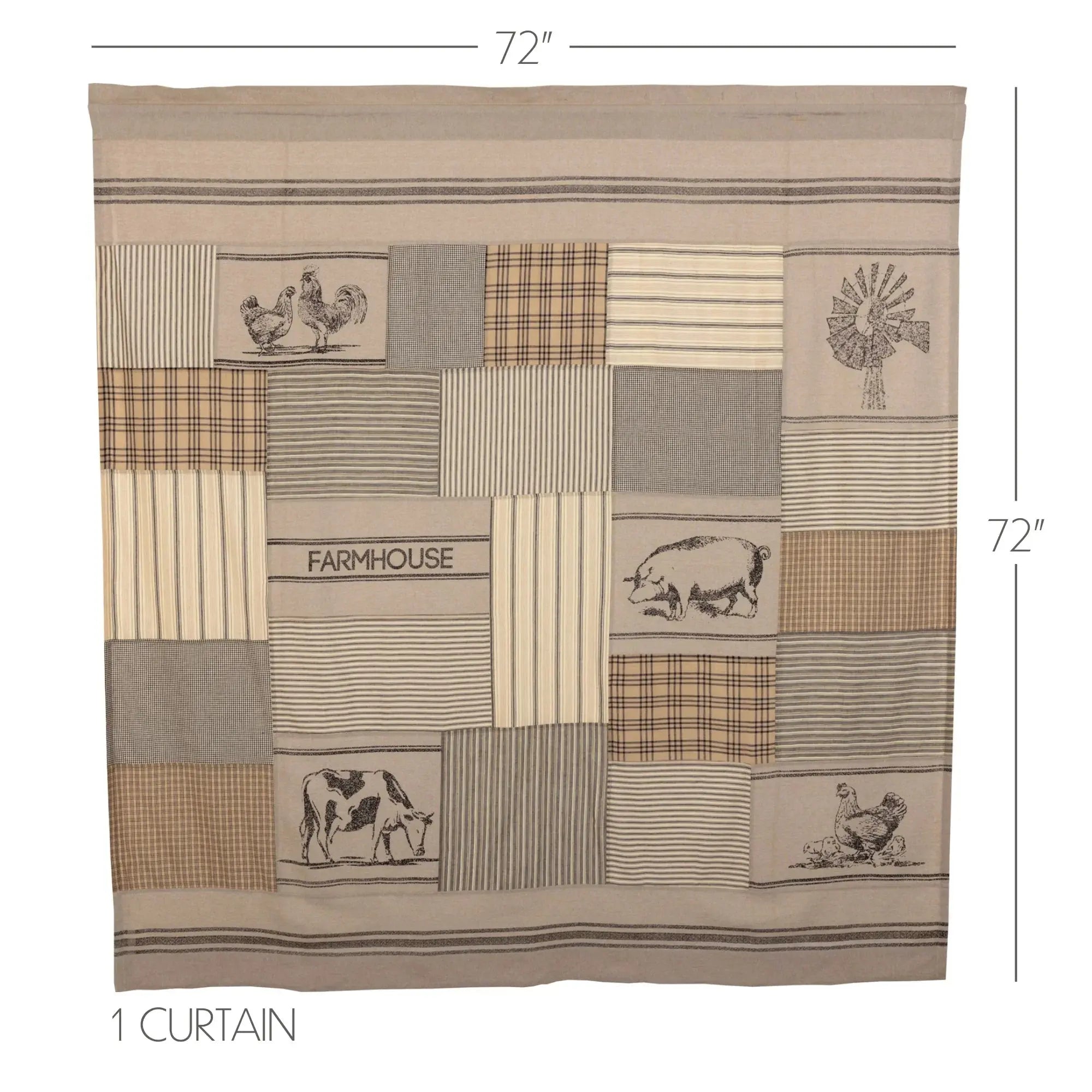 Farmhouse curtain with patchwork design, roosters, pig, cow, windmill, and 'FARMHOUSE' text, 72x72 inches