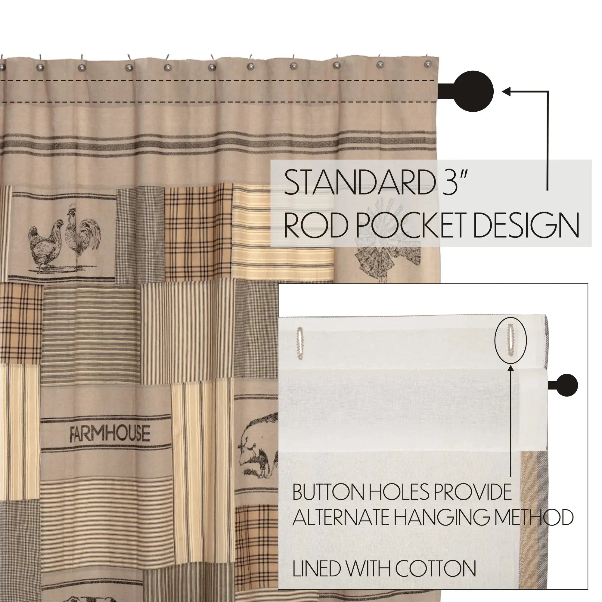 Farmhouse patchwork shower curtain with chicken print, rod pocket & button holes, cotton lined
