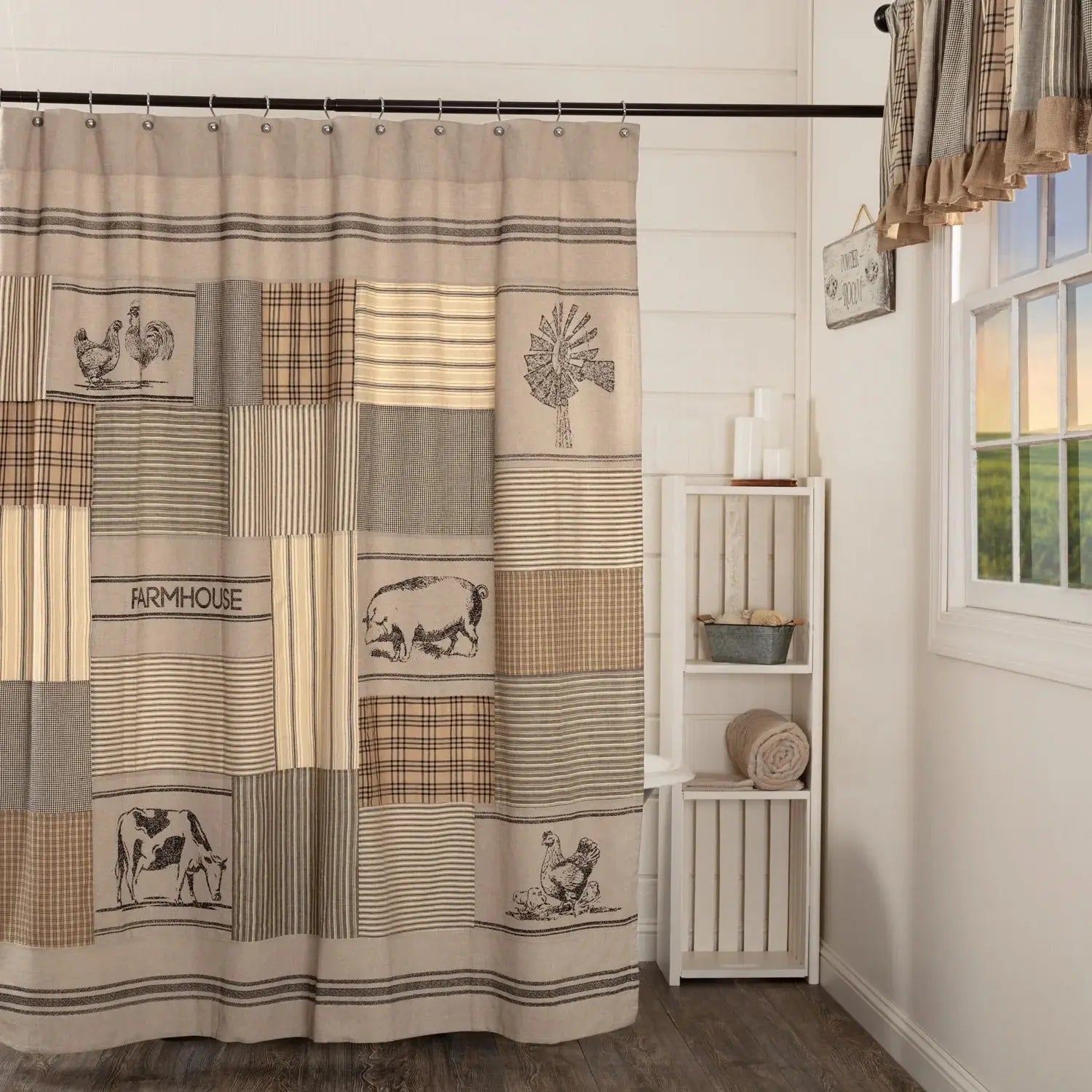 Farmhouse shower curtain with patchwork design, roosters, pigs, cows, and windmill on neutral tones