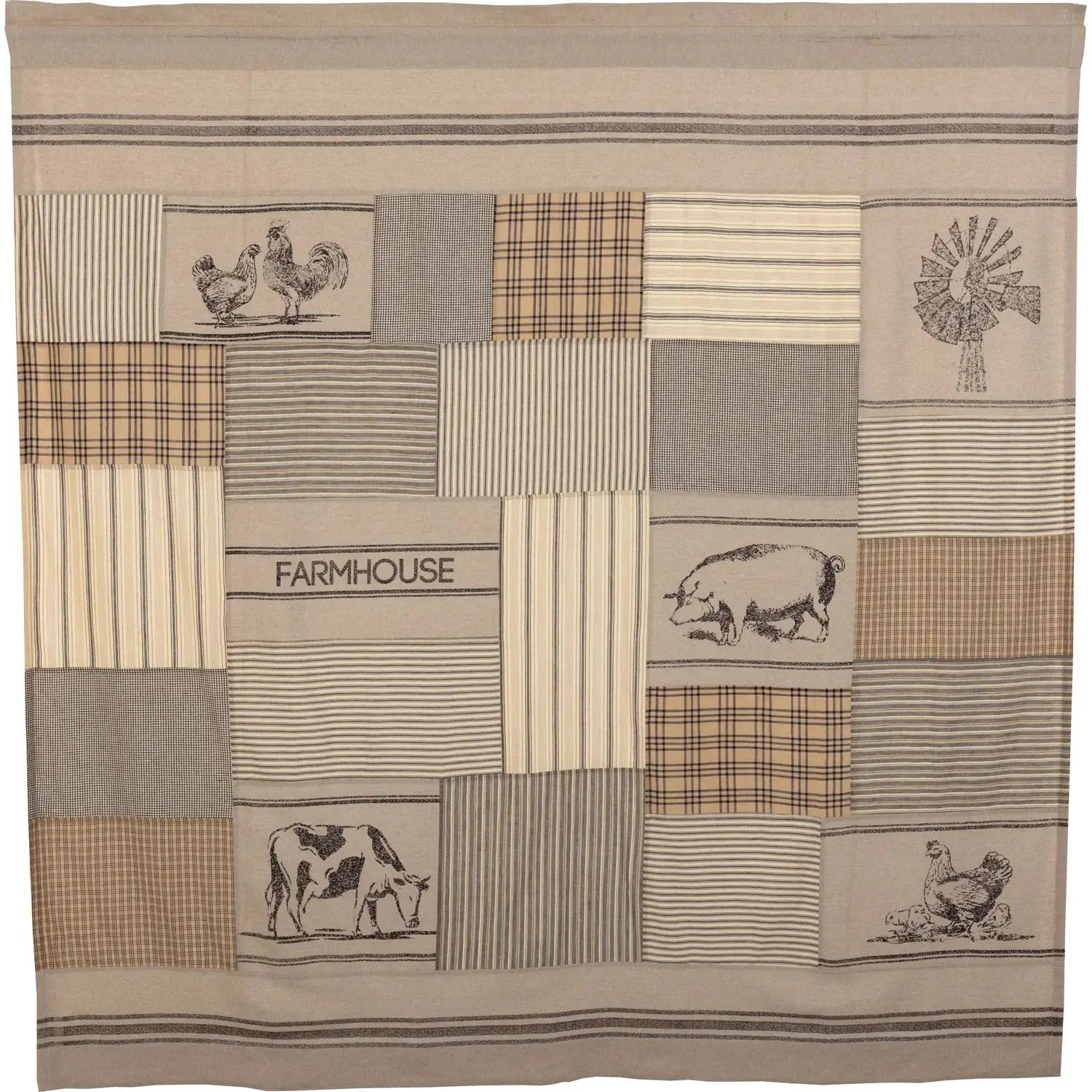 Farmhouse patchwork quilt with roosters, pigs, cows, windmill, and 'FARMHOUSE' text in neutral tones