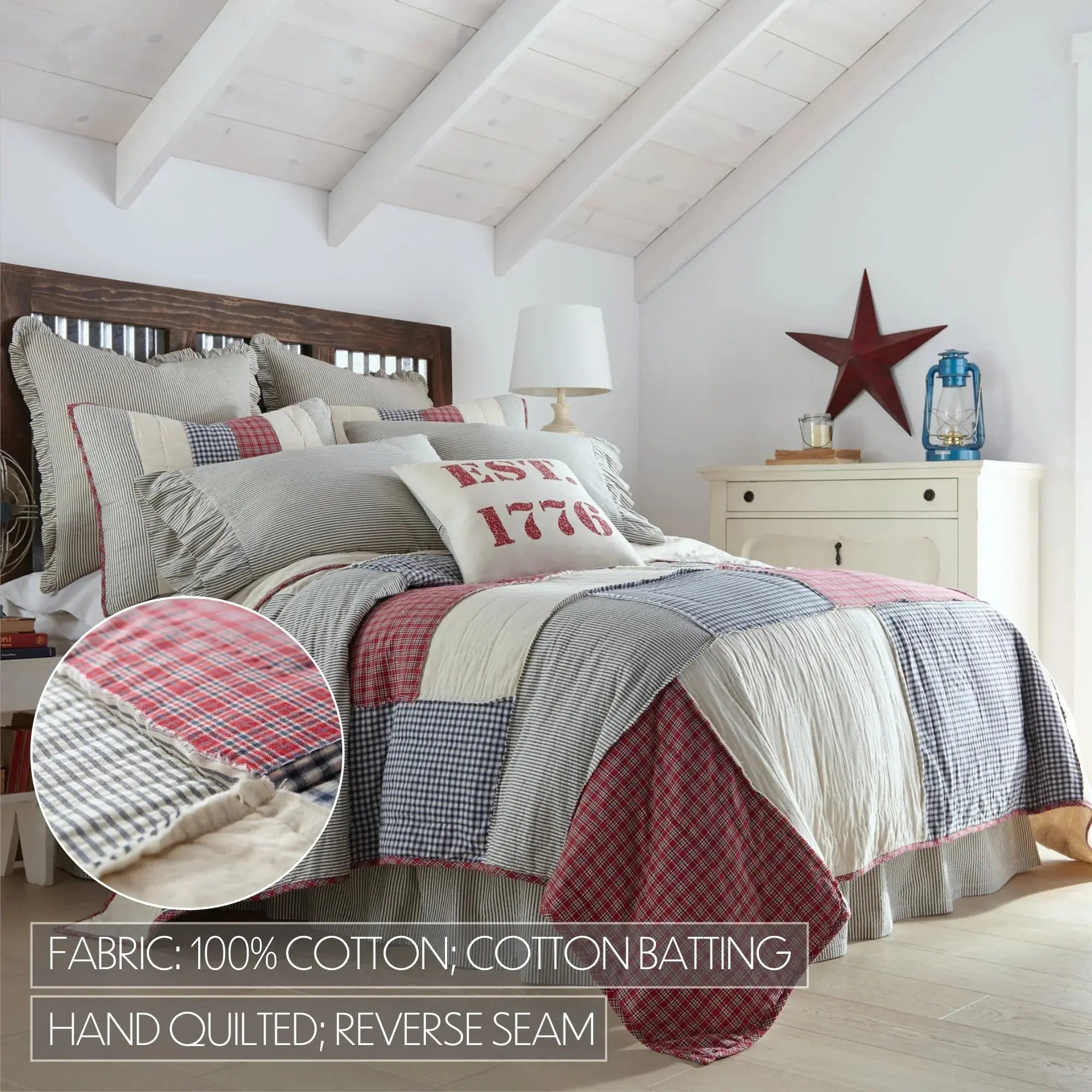 Cozy farmhouse quilt set with red, white, and blue patchwork, hand-quilted 100% cotton bedding for rustic bedroom decor