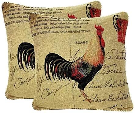 Two decorative pillows with rooster designs on a beige background with text.