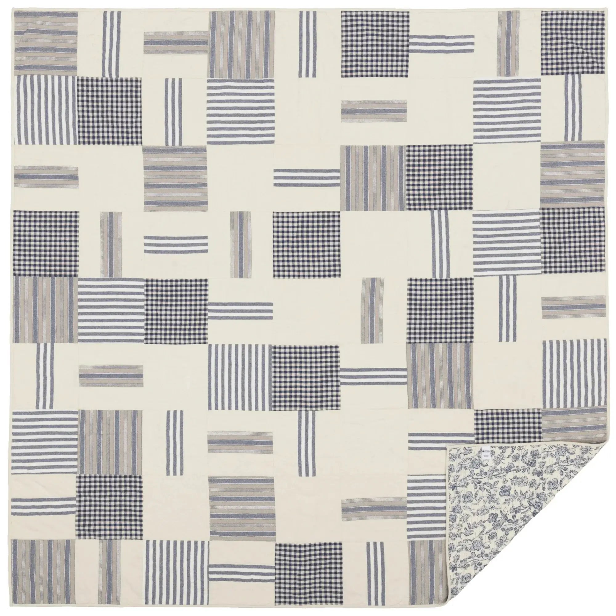 Cozy patchwork quilt with navy stripes and gingham squares, farmhouse style bedding with floral reverse