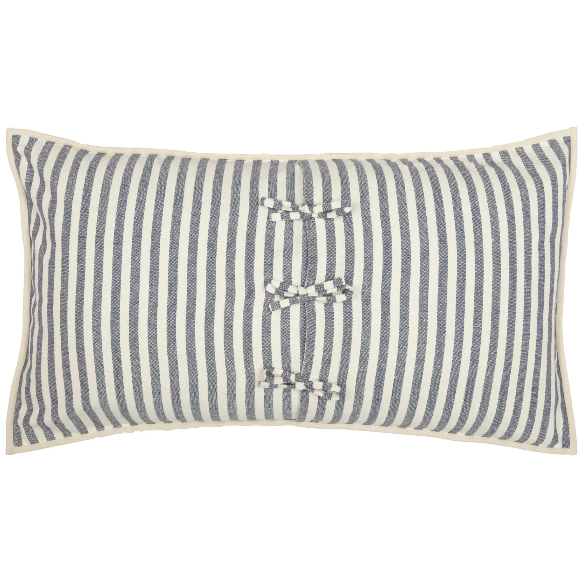 Blue and white striped farmhouse pillow with decorative bows, cozy cottage home decor accent