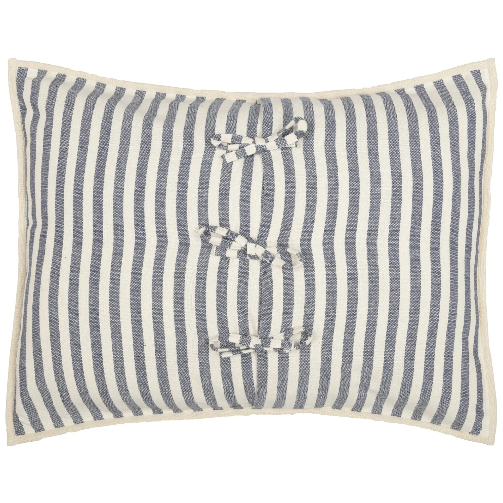 Blue and white striped farmhouse pillow with tied bow details, cozy cottage decor accent
