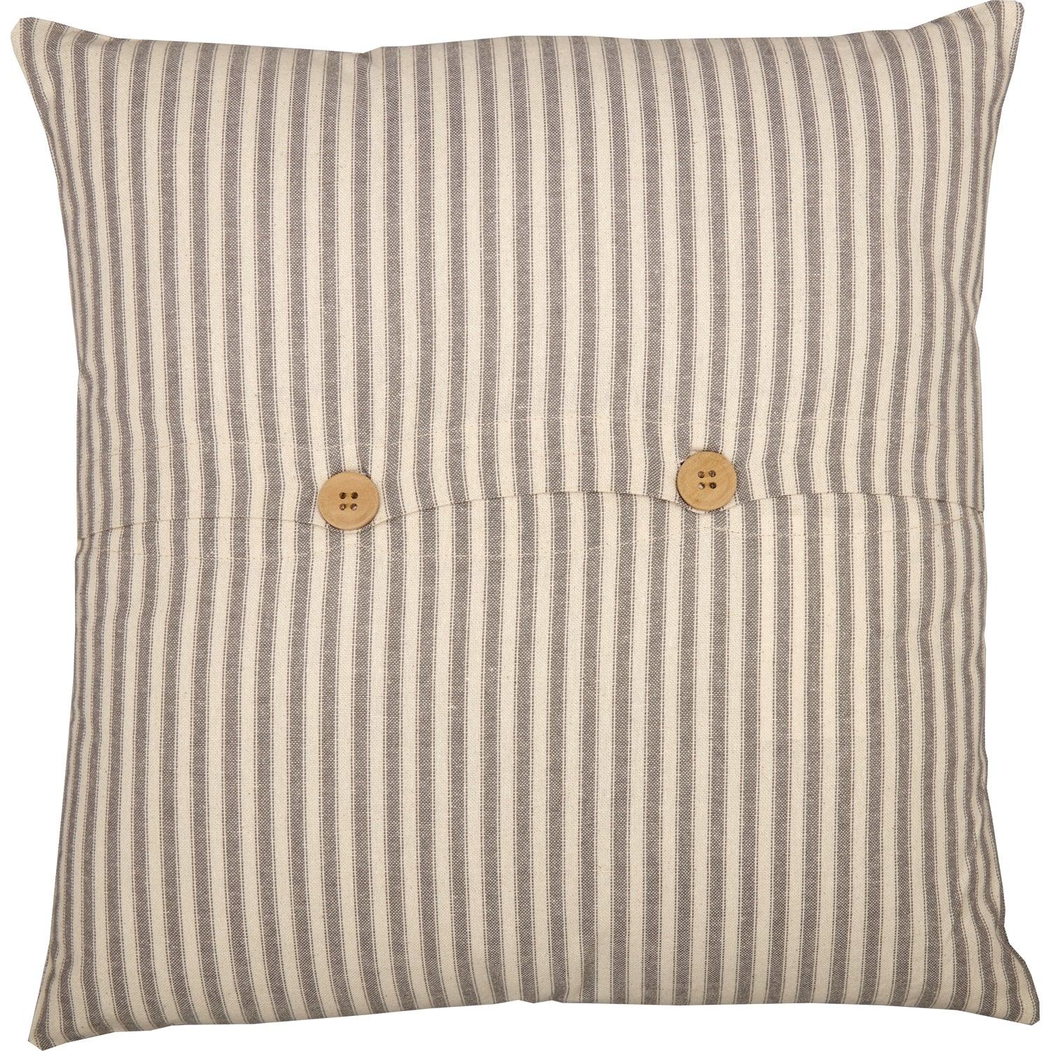 Striped farmhouse throw pillow with wooden buttons, cozy cottage decor accent