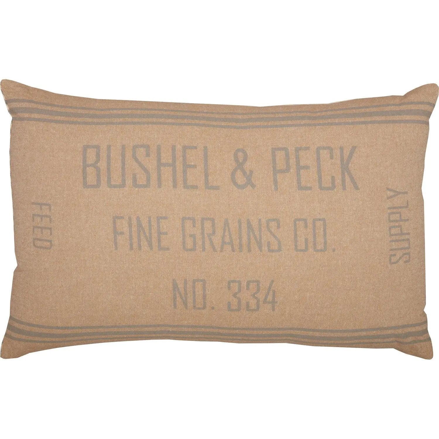 Farmhouse-style burlap pillow with vintage grain sack print, cozy cottage decor accent