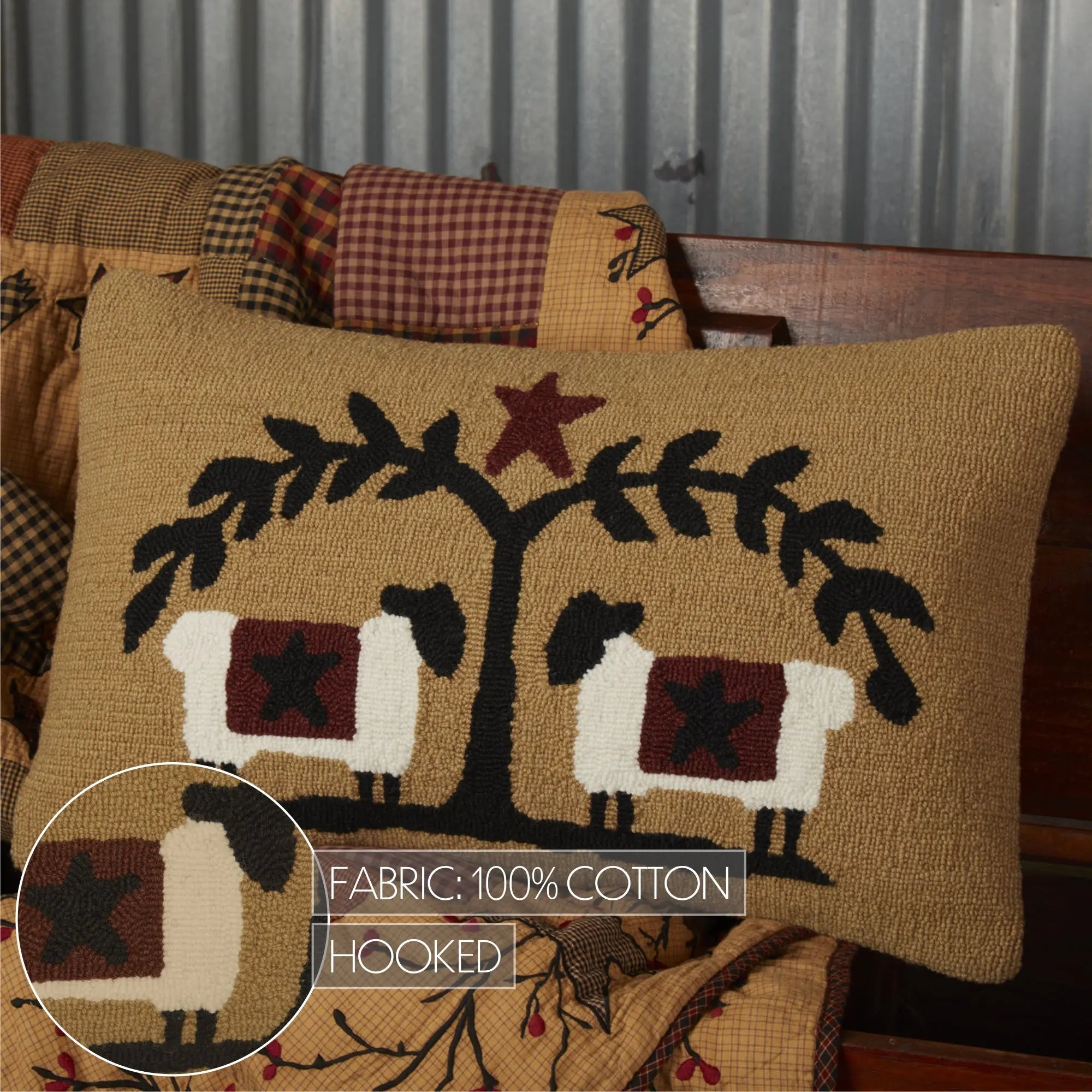 Heritage Farms Sheep & Star Hooked Throw Pillow – 14" x 22"