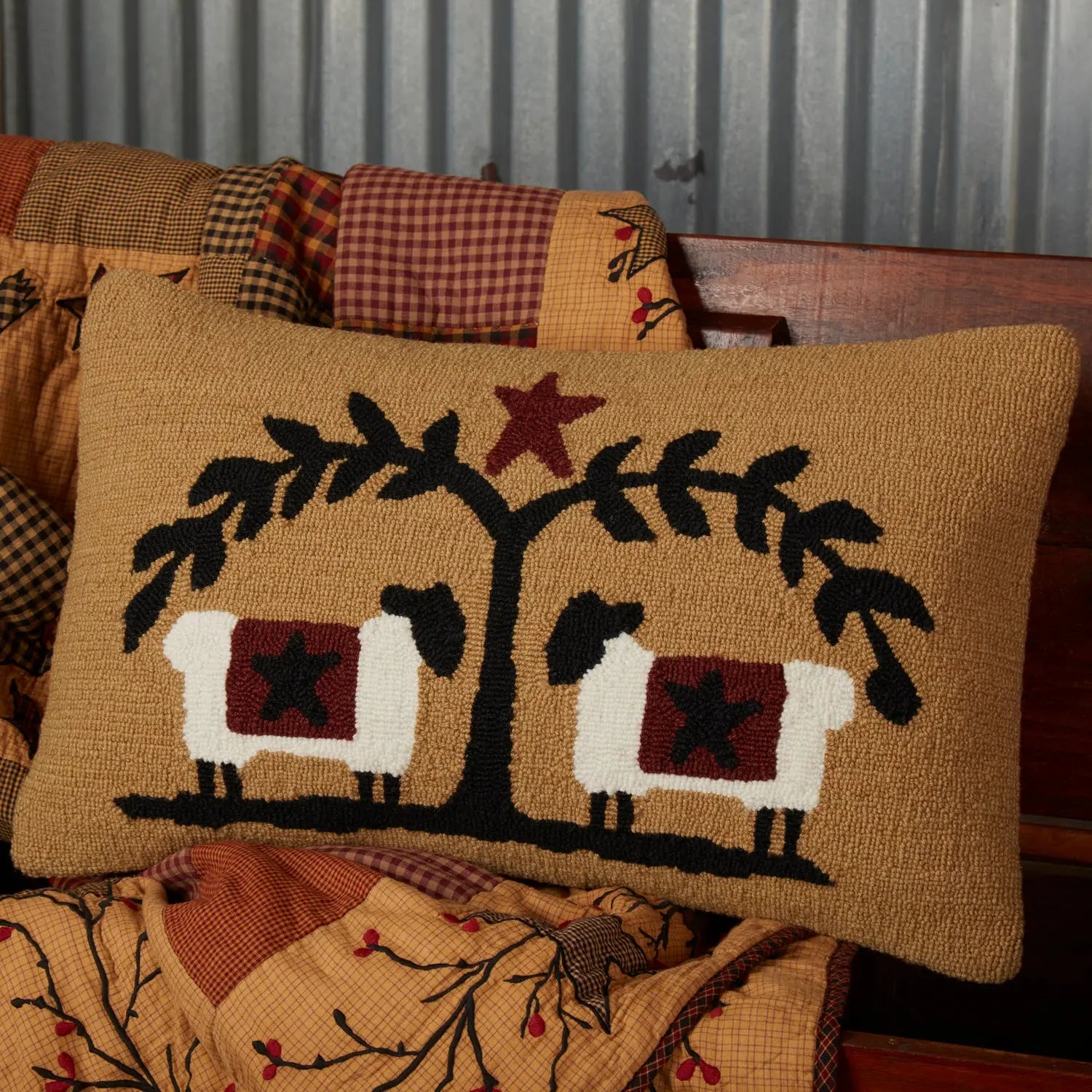 Heritage Farms Sheep & Star Hooked Throw Pillow – 14" x 22"