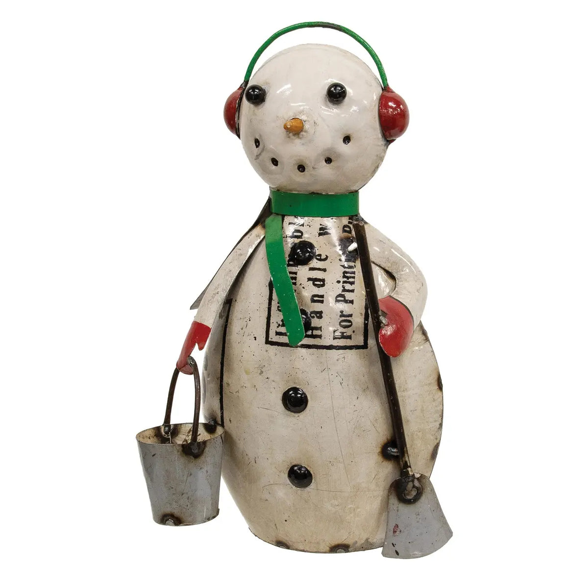 A vintage-style snowman figurine with a weathered off-white body, green scarf and headband, red earmuffs, black buttons, and a small metal bucket, isolated on a white background.