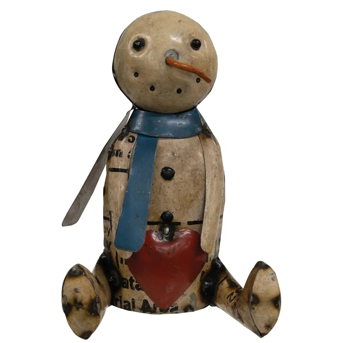 A rustic handmade snowman figurine made from weathered wood with a blue painted scarf, red heart, and orange carrot nose, set against a plain white background.