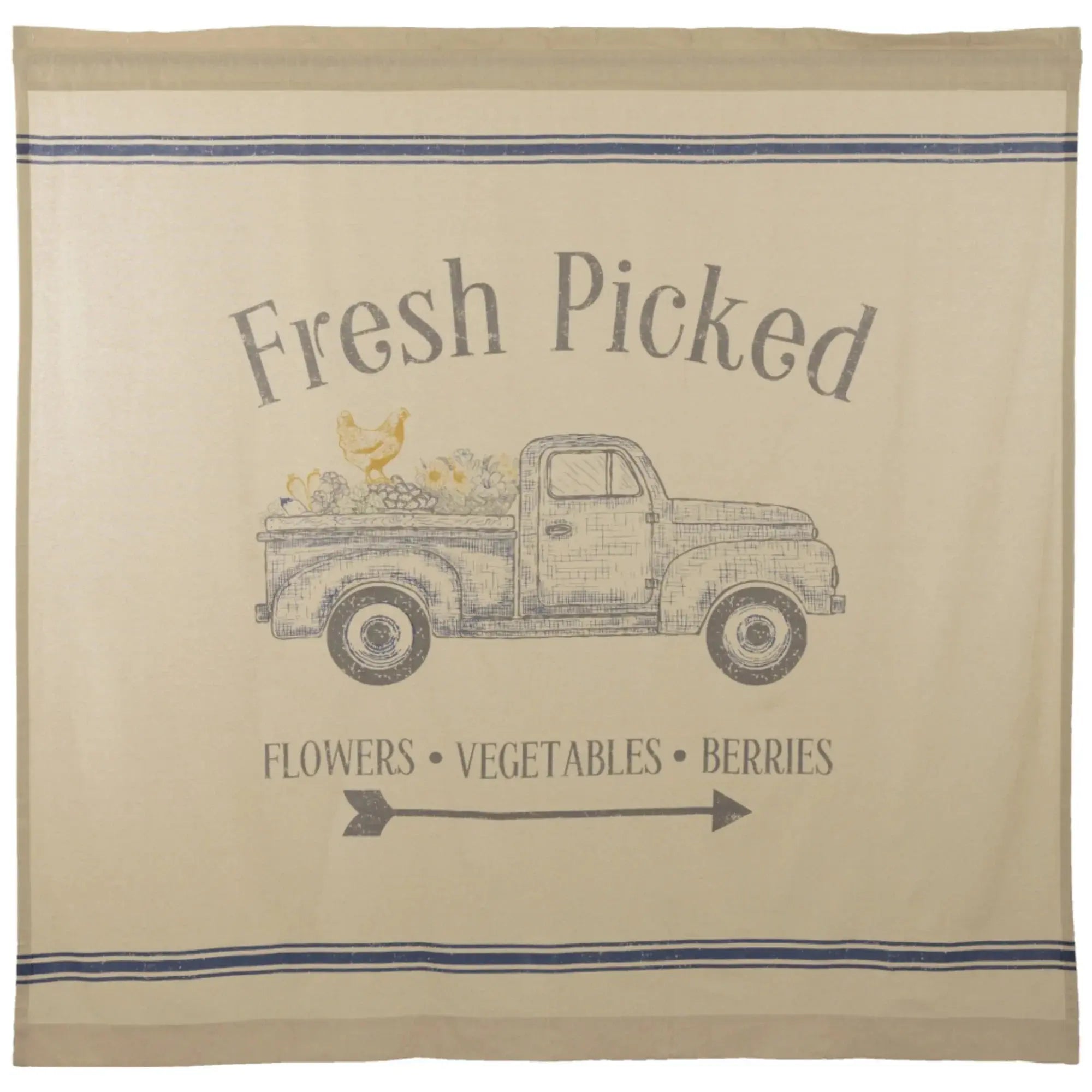 Fresh Picked farmhouse towel with vintage truck, flowers, vegetables, berries, and chicken design
