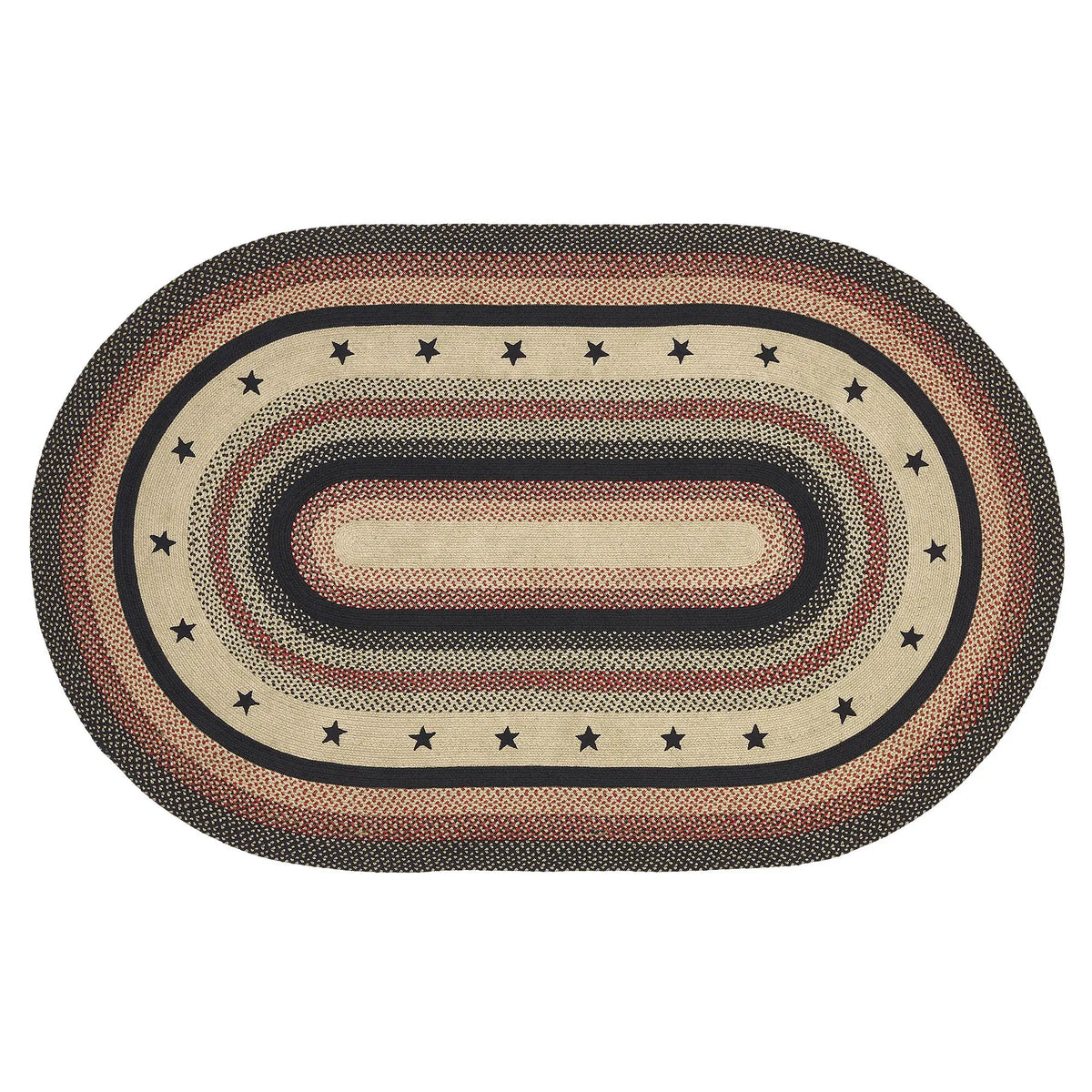 An oval braided rug with a rustic western design, featuring concentric bands of beige, brown, black, and muted red, accented with rows of black stars.
