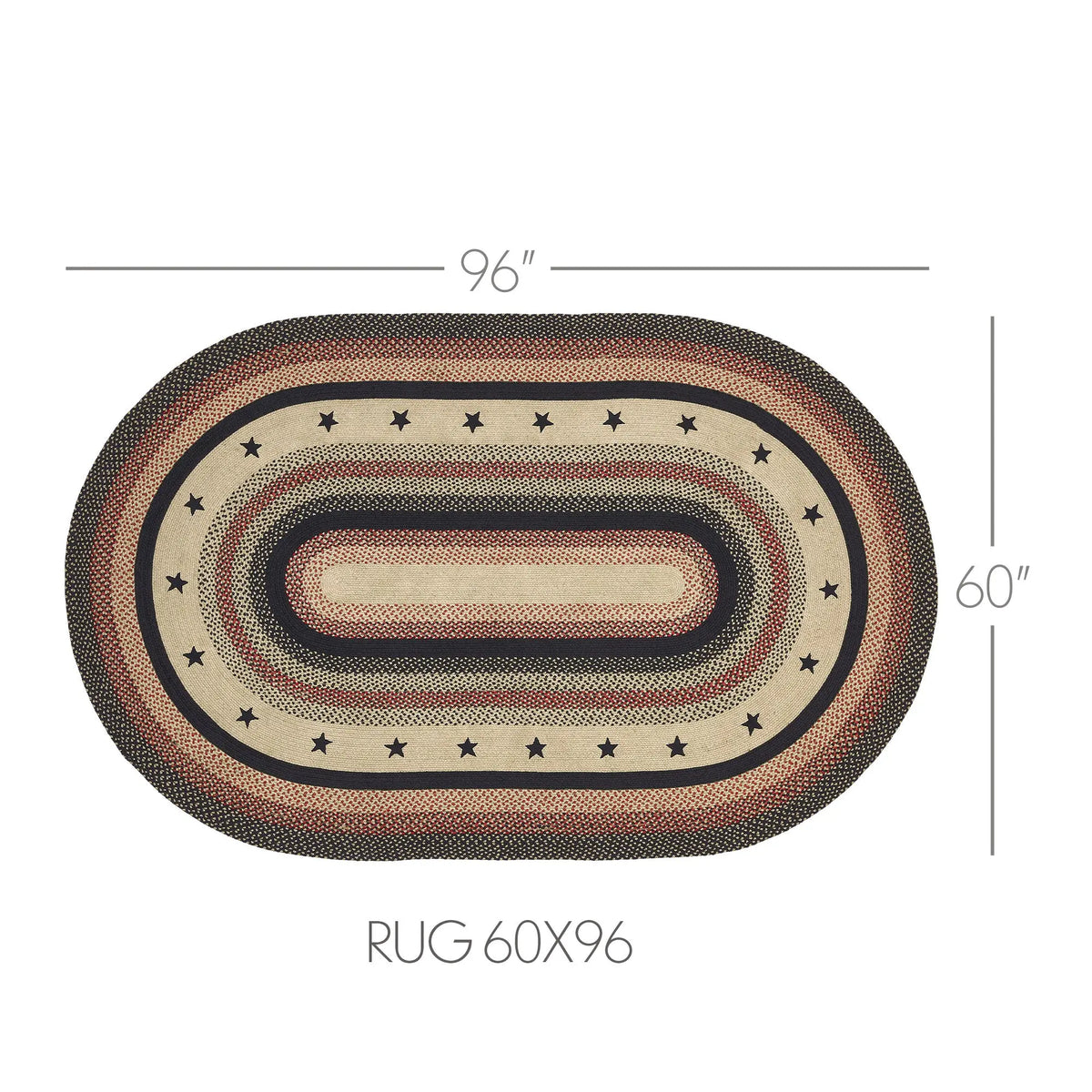 An oval braided rug shown on a white background with dimension lines indicating 96 inches wide by 60 inches tall. The rug has concentric bands in beige, brown, black, and muted red, with small black stars around the outer edge.