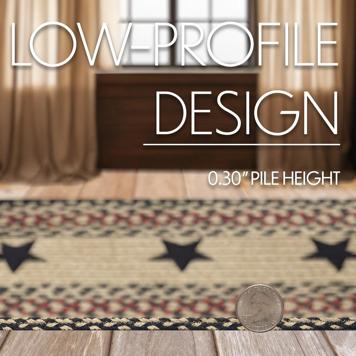 Textured rug with star pattern on a wooden floor, showing 'Low-Profile Design' and '0.30" Pile Height'.