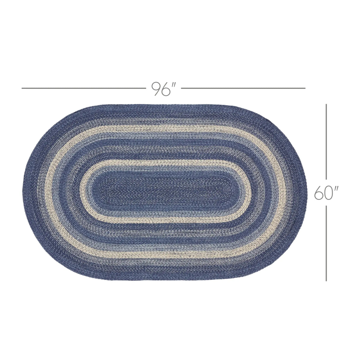 An oval braided rug with concentric stripes in navy blue, medium blue, and cream, shown with dimension lines indicating 96 inches wide by 60 inches tall on a white background.