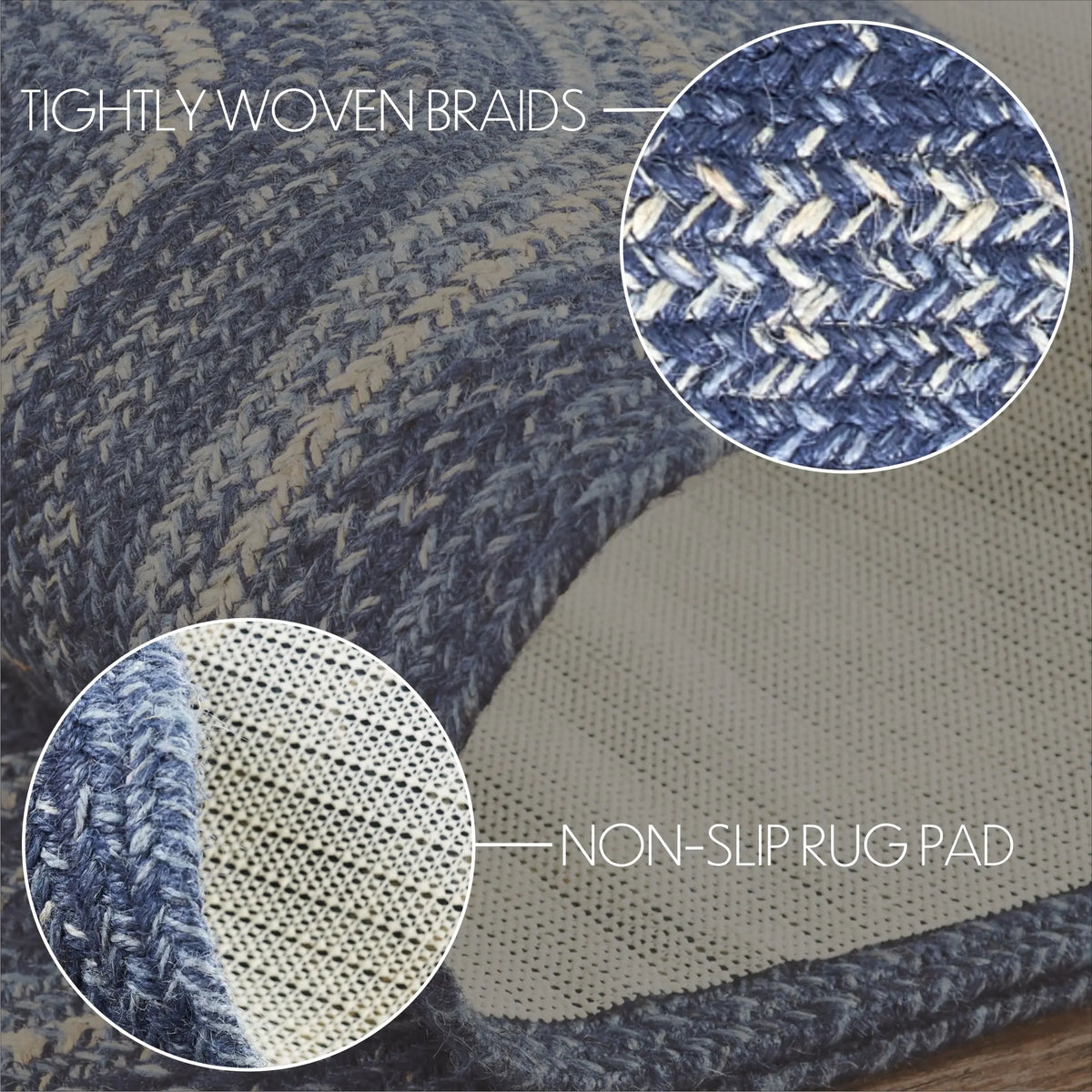 Textured rug with tightly woven braids and non-slip rug pad details.