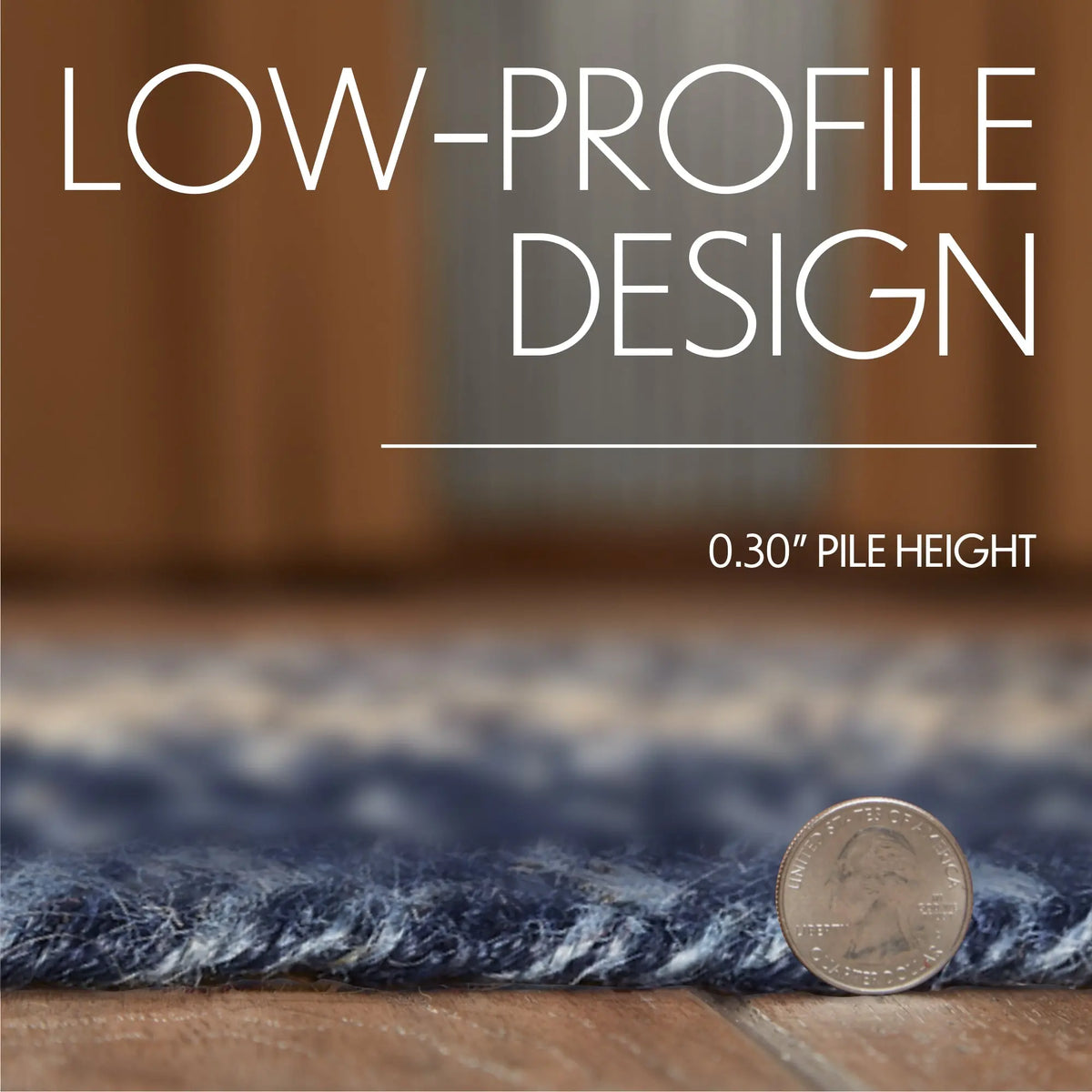 Text 'LOW-PROFILE DESIGN' with a coin for scale on a textured surface.