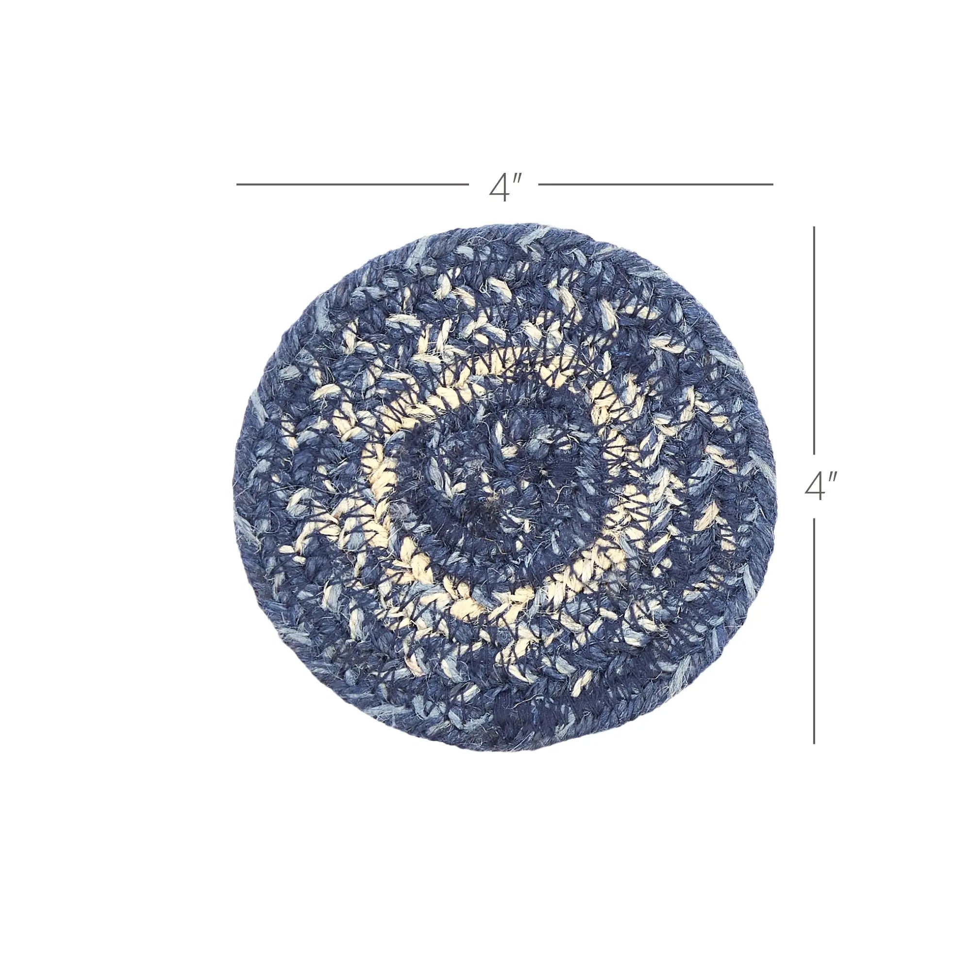 Round blue braided coaster with dimensions on a white background