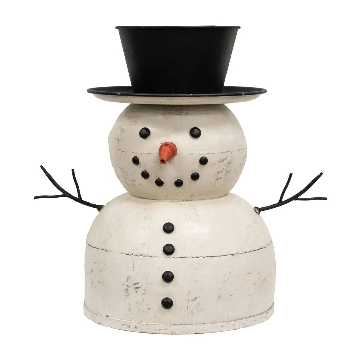 A rustic snowman figurine with a distressed white painted body, black top hat, black buttons and eyes, a small orange carrot nose, and twig-style arms, shown on a plain white background.