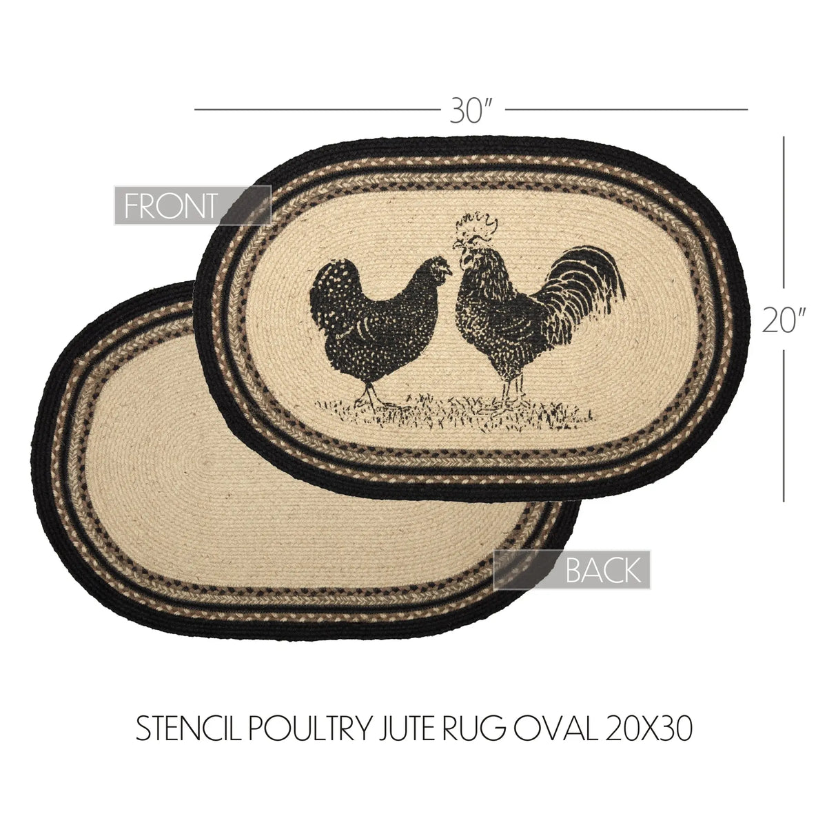 Oval braided jute rug shown front and back on a white background, with dimension lines indicating 30 inches by 20 inches. The front view shows two black chickens on a beige woven base with dark border stripes; the back view shows the reverse design.