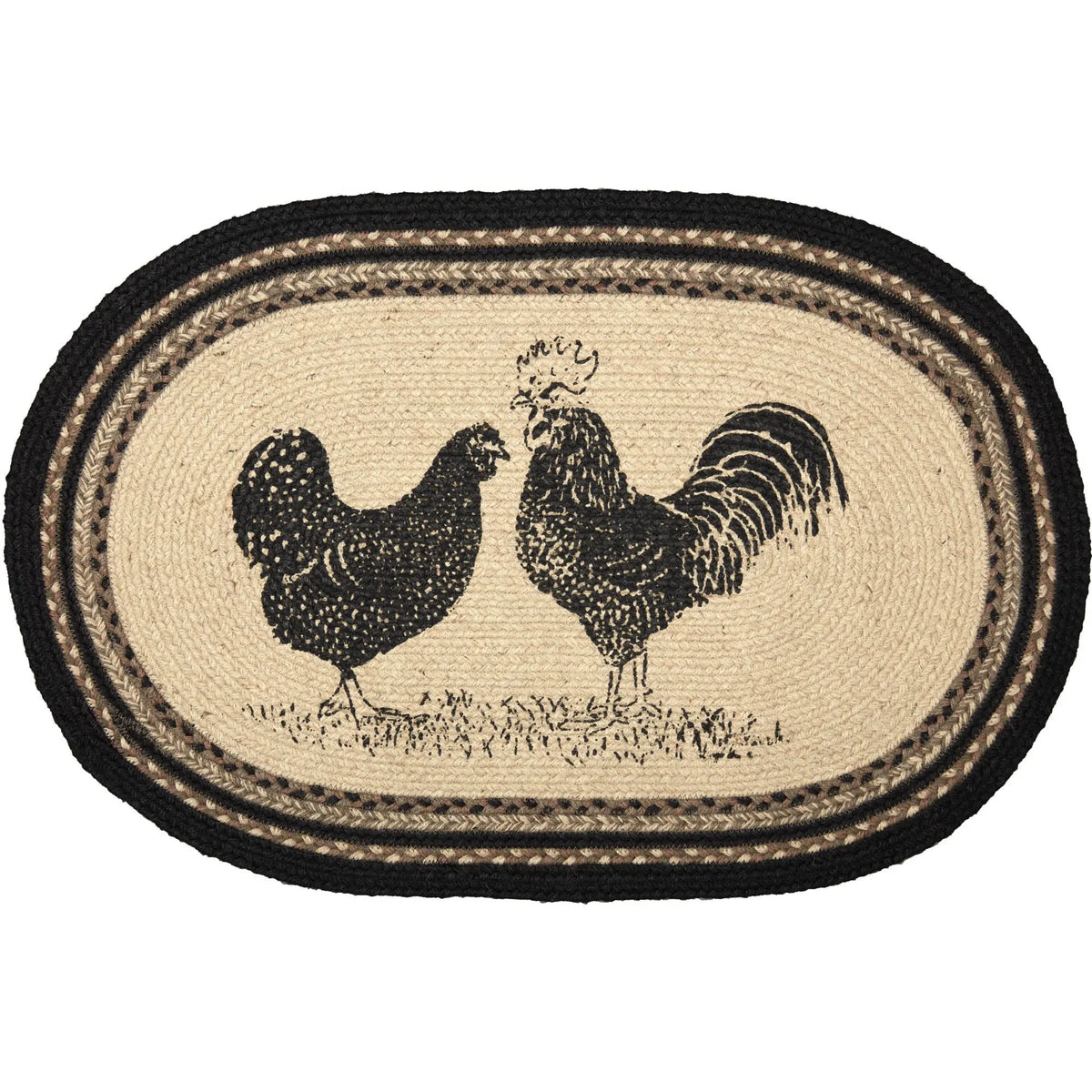 An oval braided rug with a natural beige background, featuring a black rooster and hen illustration in the center, surrounded by a black and beige braided border.